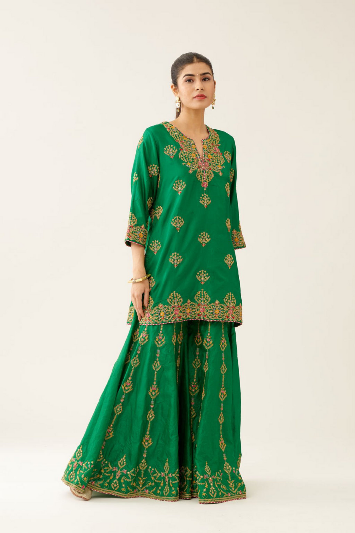 Green Silk Short Kurta Set