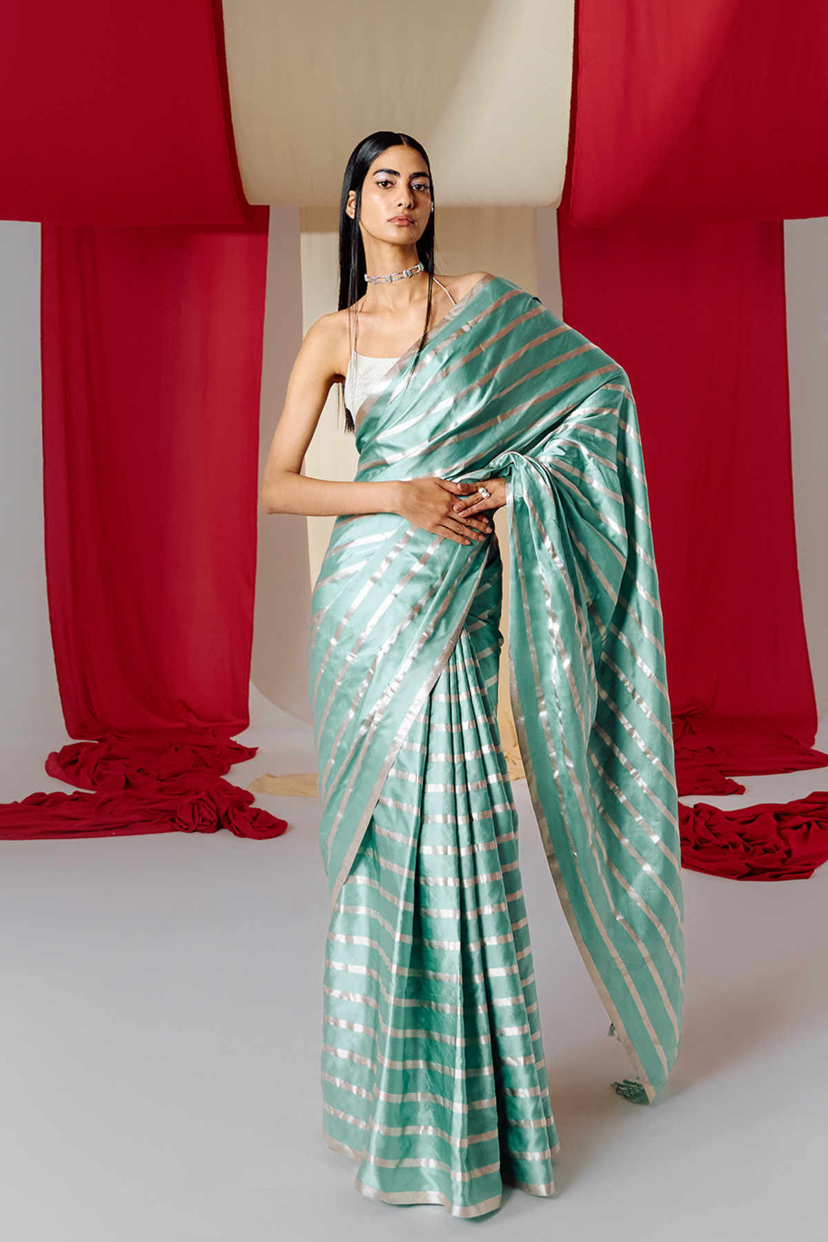 Handwoven Green Striped Silk Saree