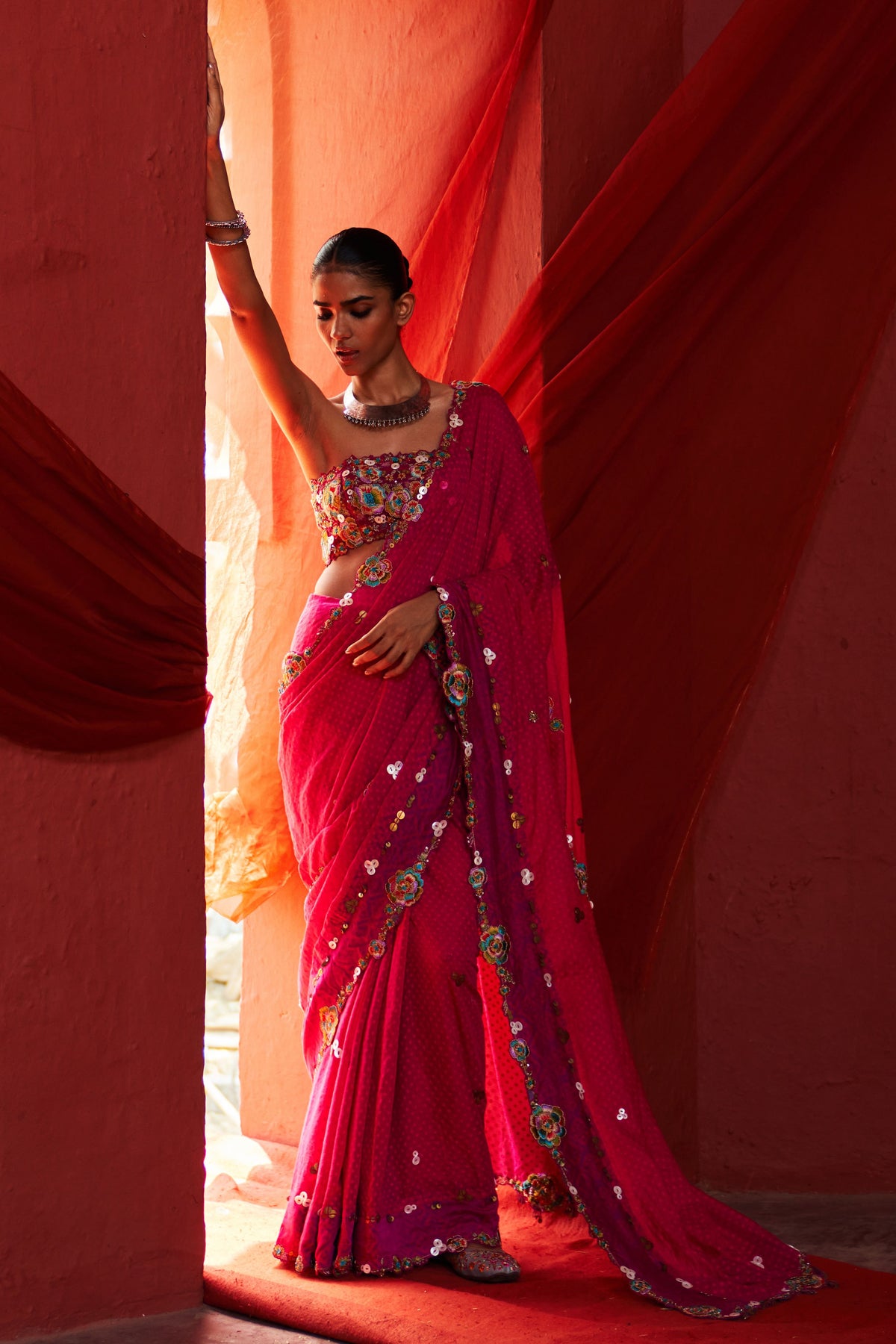 Pink Embroidered Sari Set