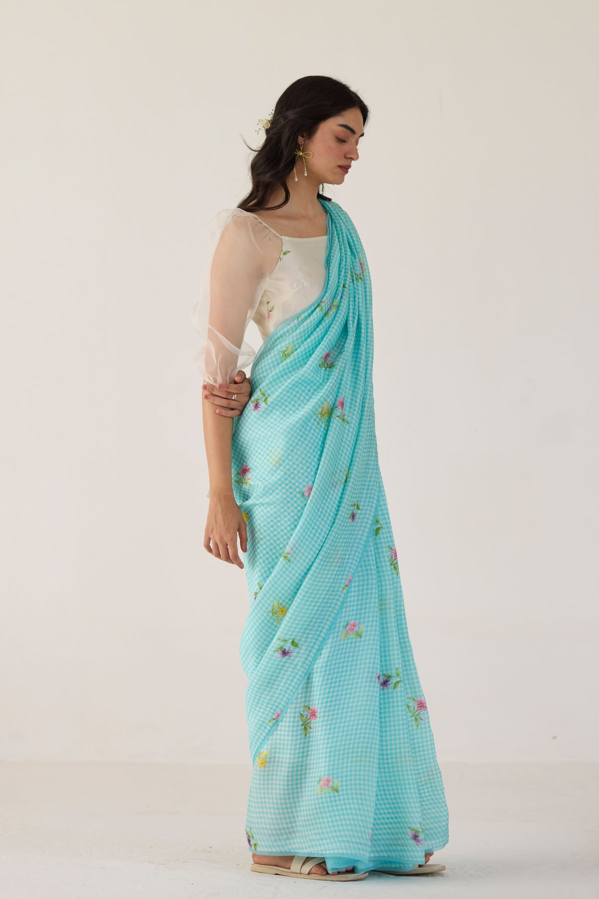 Blue Serene Meadow Mulberry Organza Silk Sari