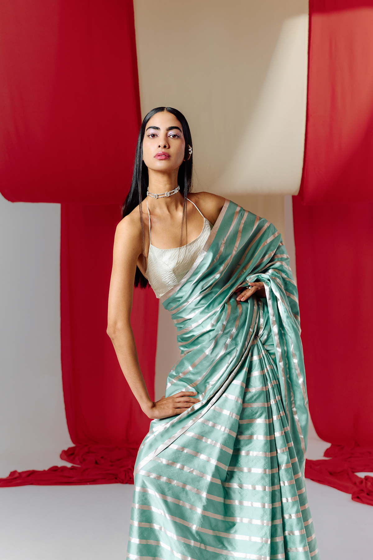 Handwoven Green Striped Silk Saree