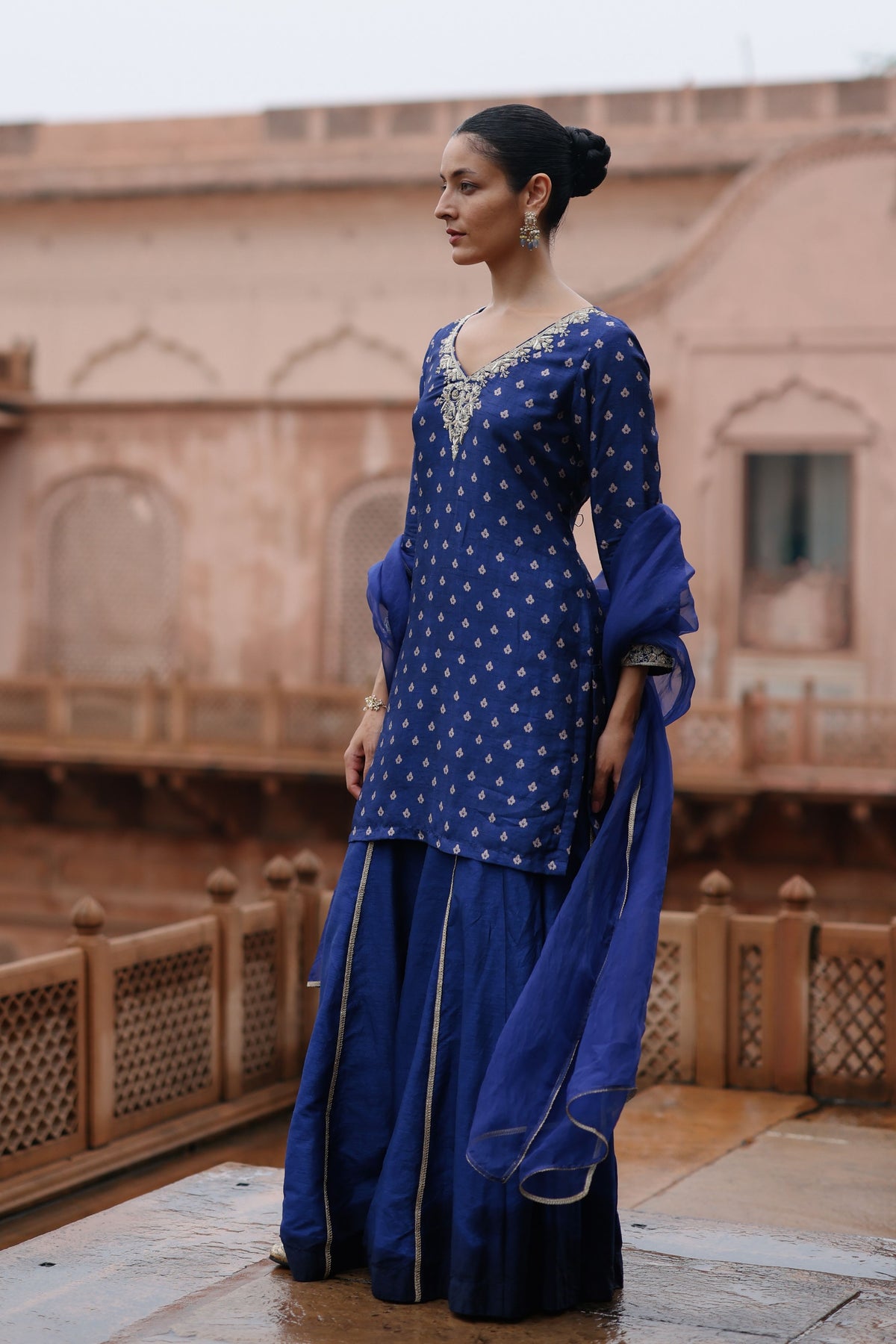 Blue Embroidered Sharara Set