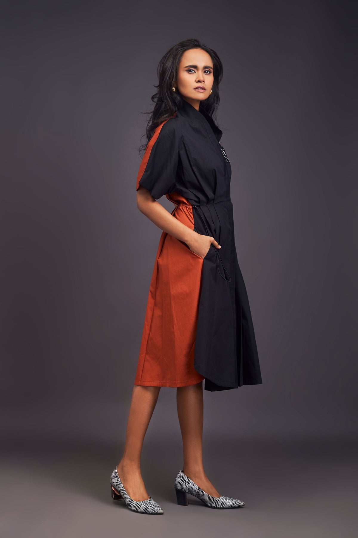 Black and Rust Pleated Shirt Dress