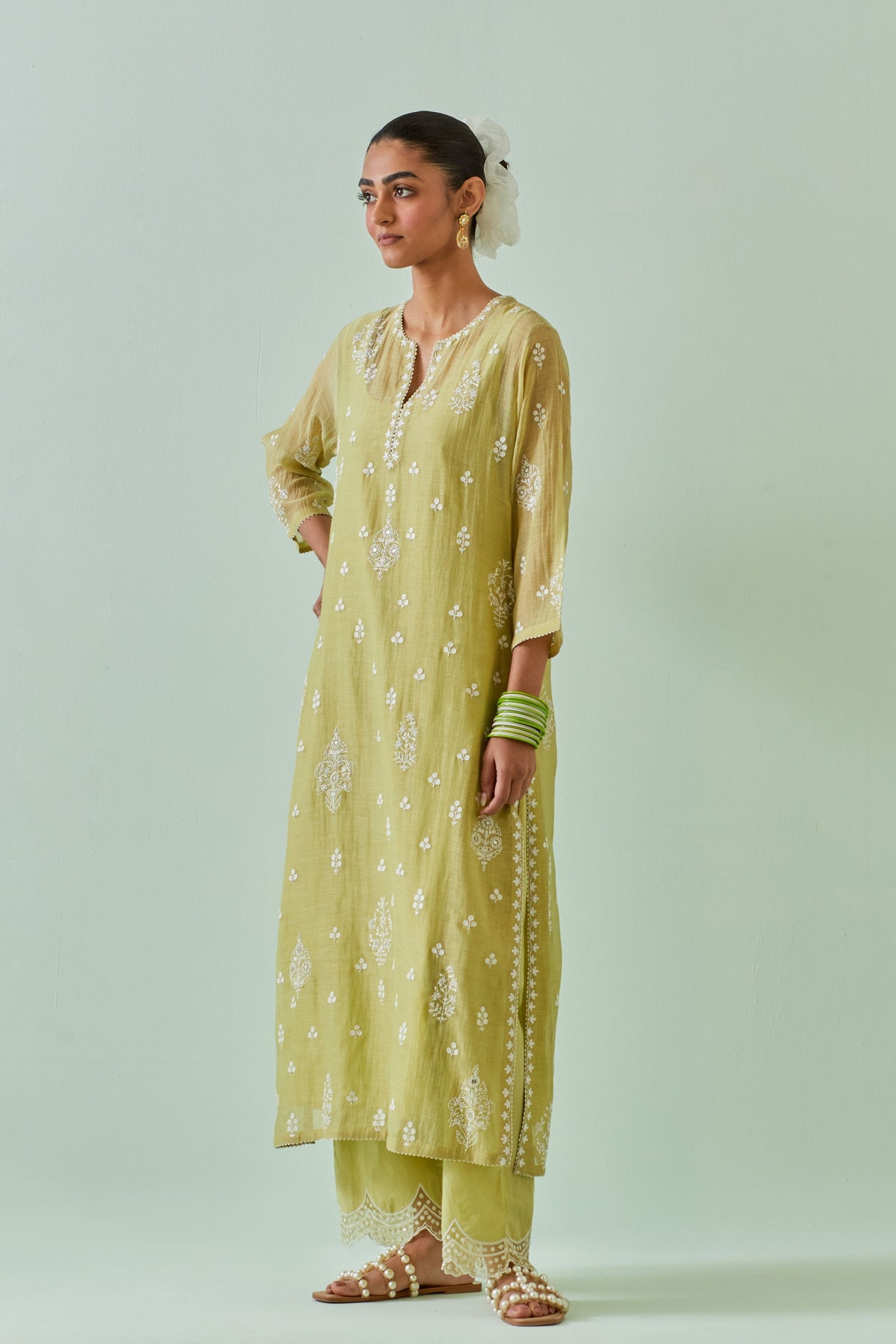 Green Scalloped Embroidery Kurta Set