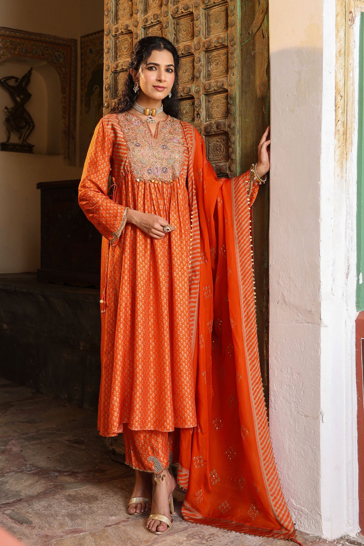 Printed Frockstyle Orange Kurta Set