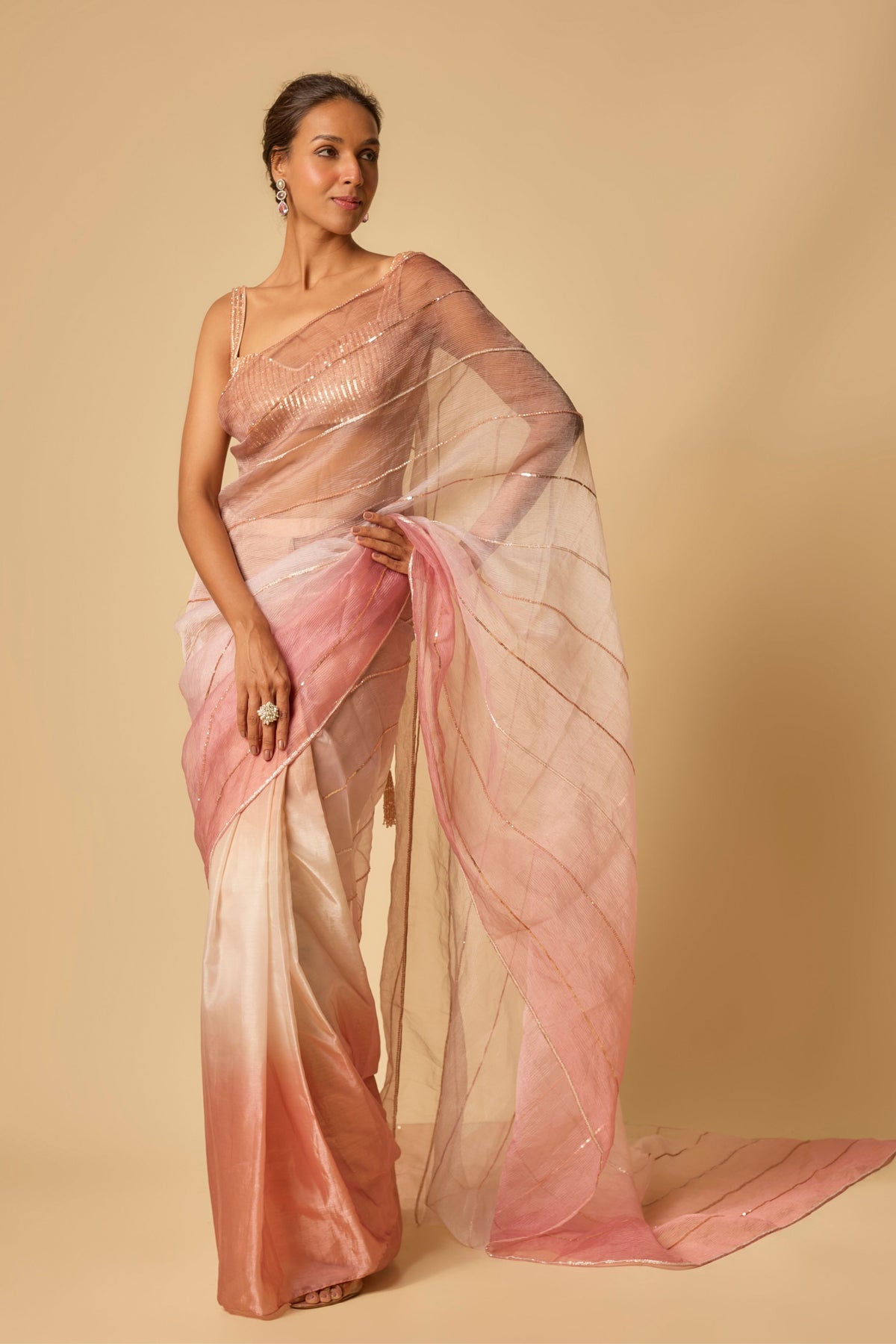 Pink Ombre Embroidered Saree Set