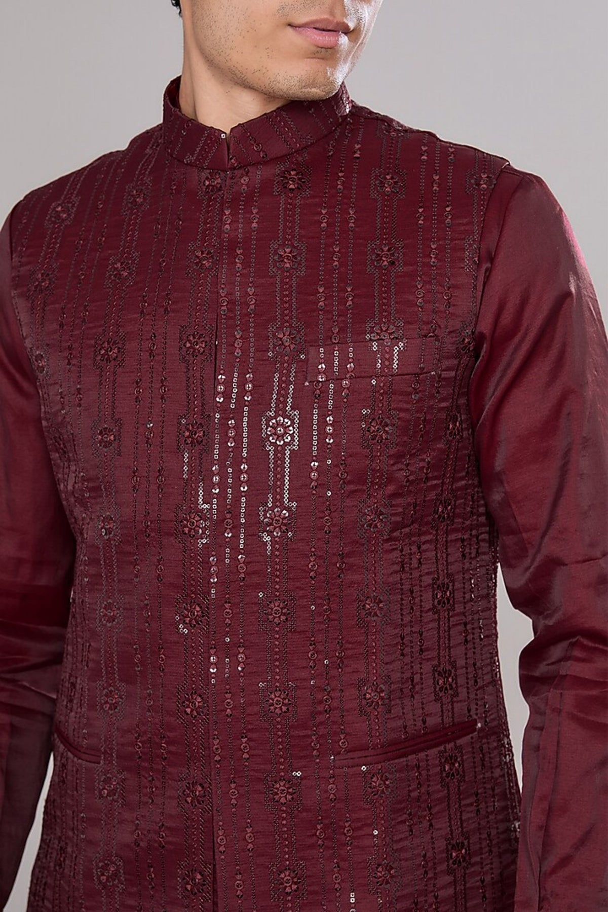 Maroon Embroidered Kurta-jacket Set