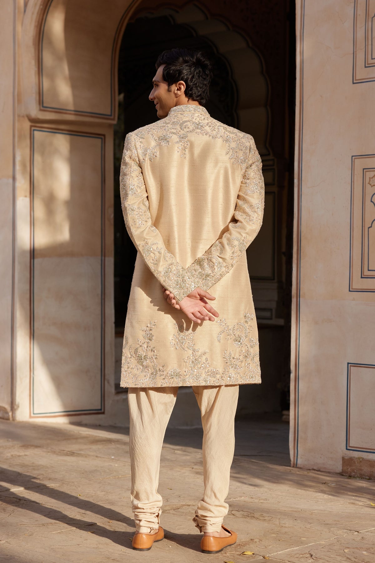 Beige Champagne Embroidered Sherwani Set