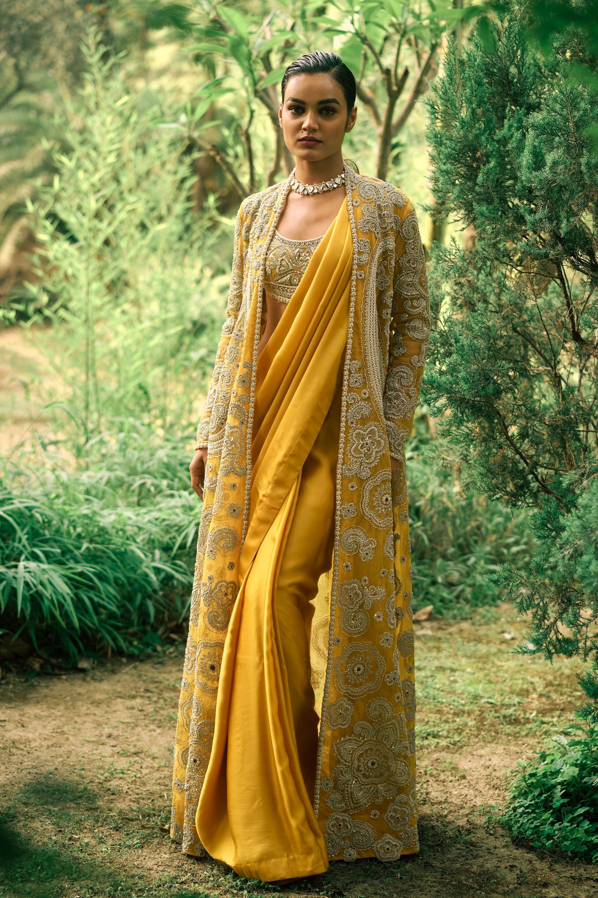 Mustard Saree and Jacket Set