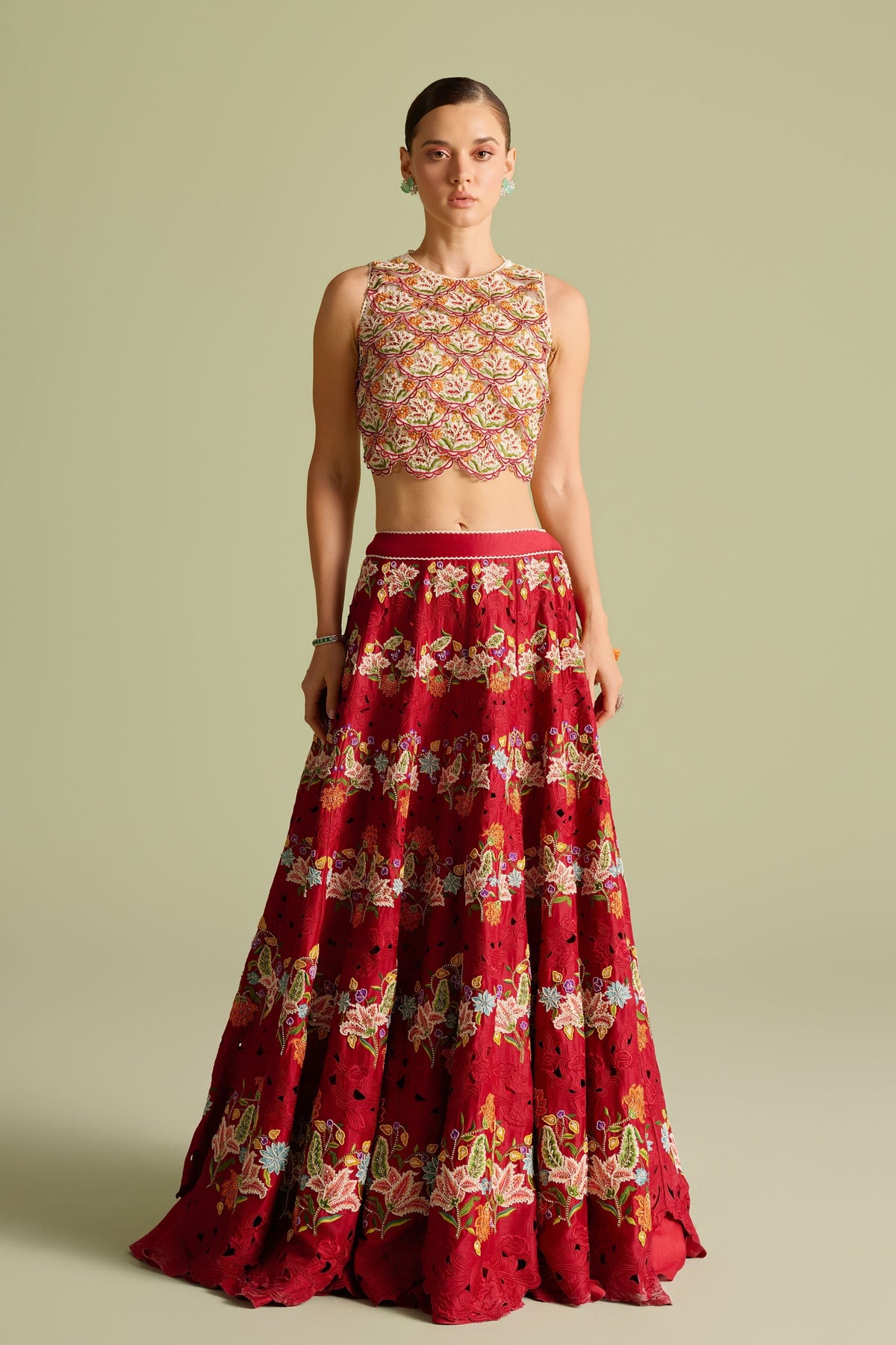 Red Scallop Embroidered Lehenga