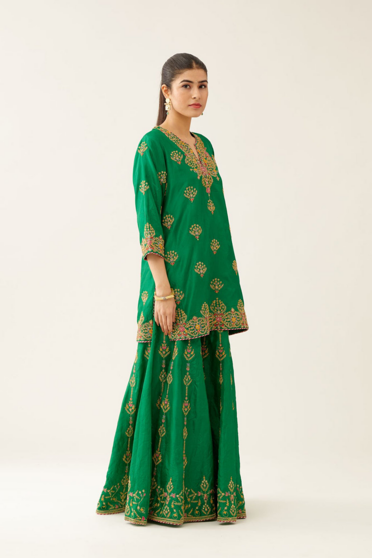 Green Silk Short Kurta Set