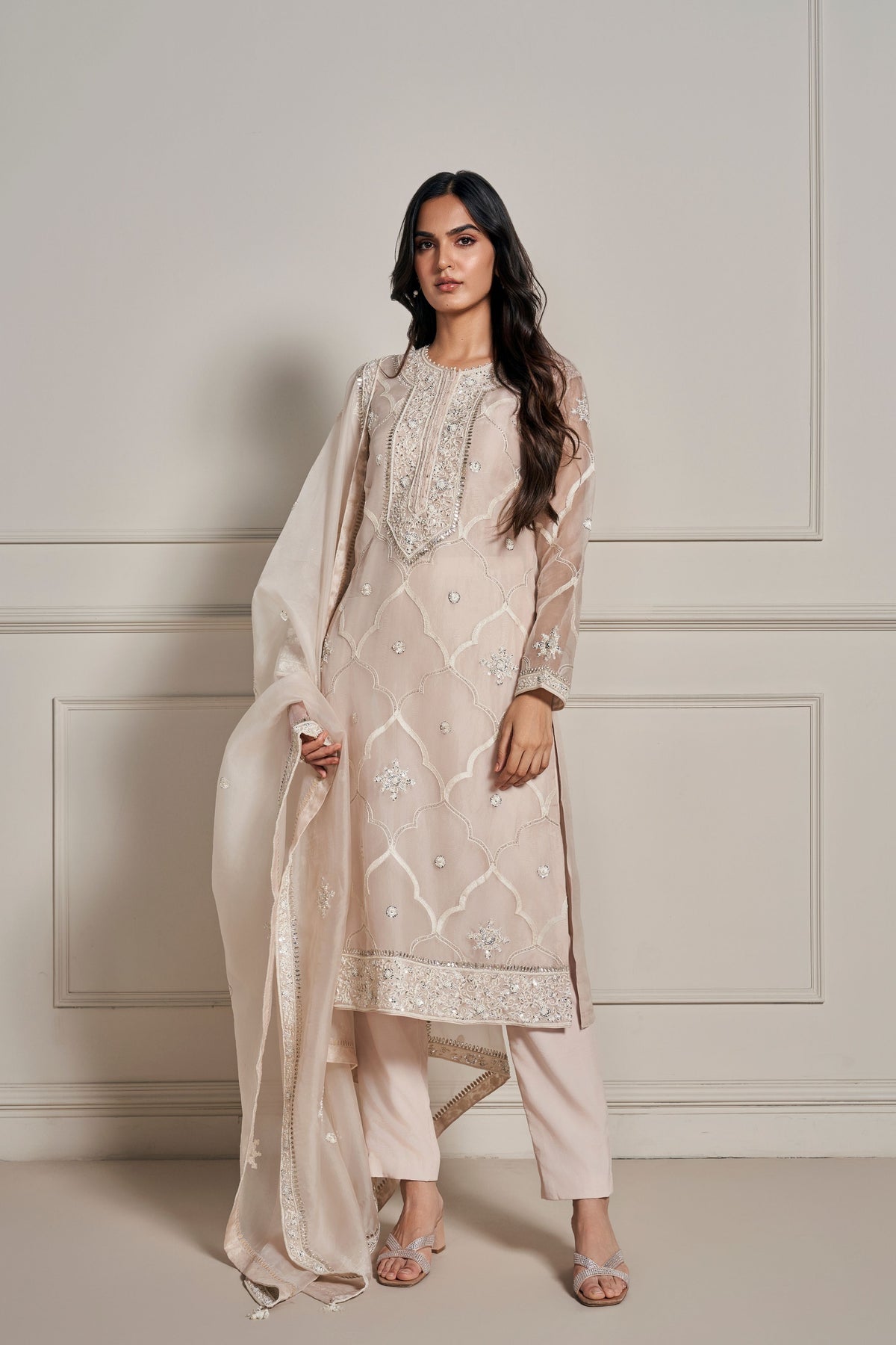 Light Beige Embellished Kurta Set