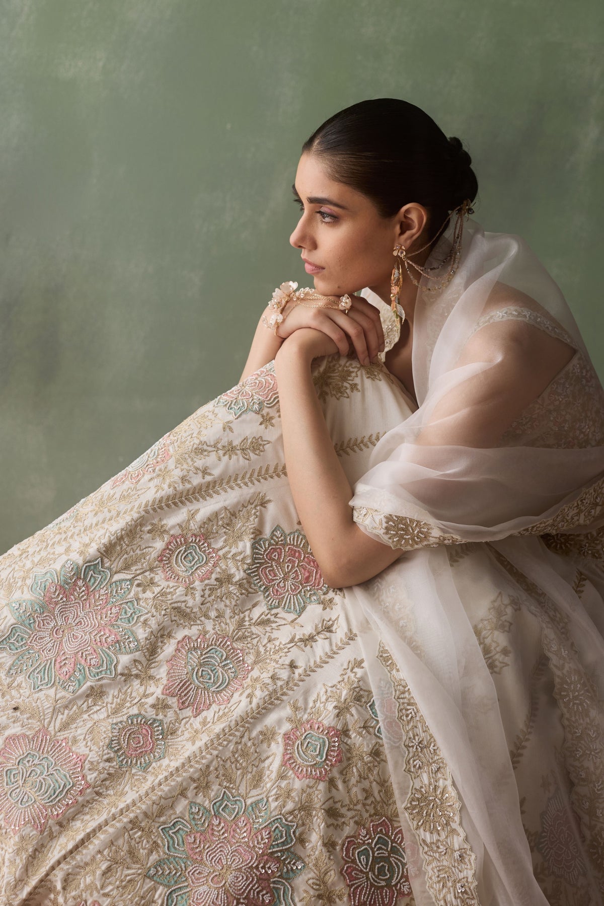 White Silk Pearl Lehenga Set