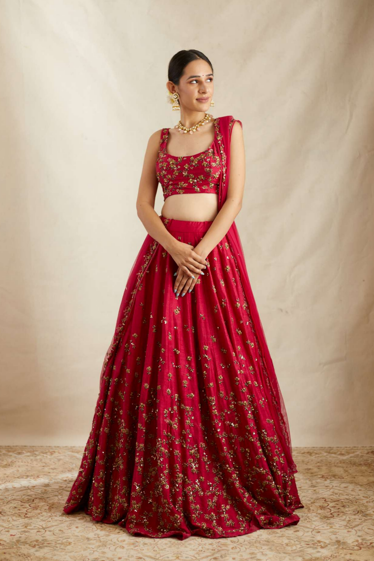 Carmine Pink Raw Silk Lehenga Set