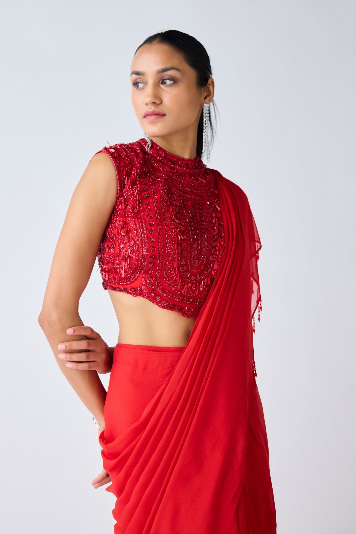 Red Embroidered Saree Set