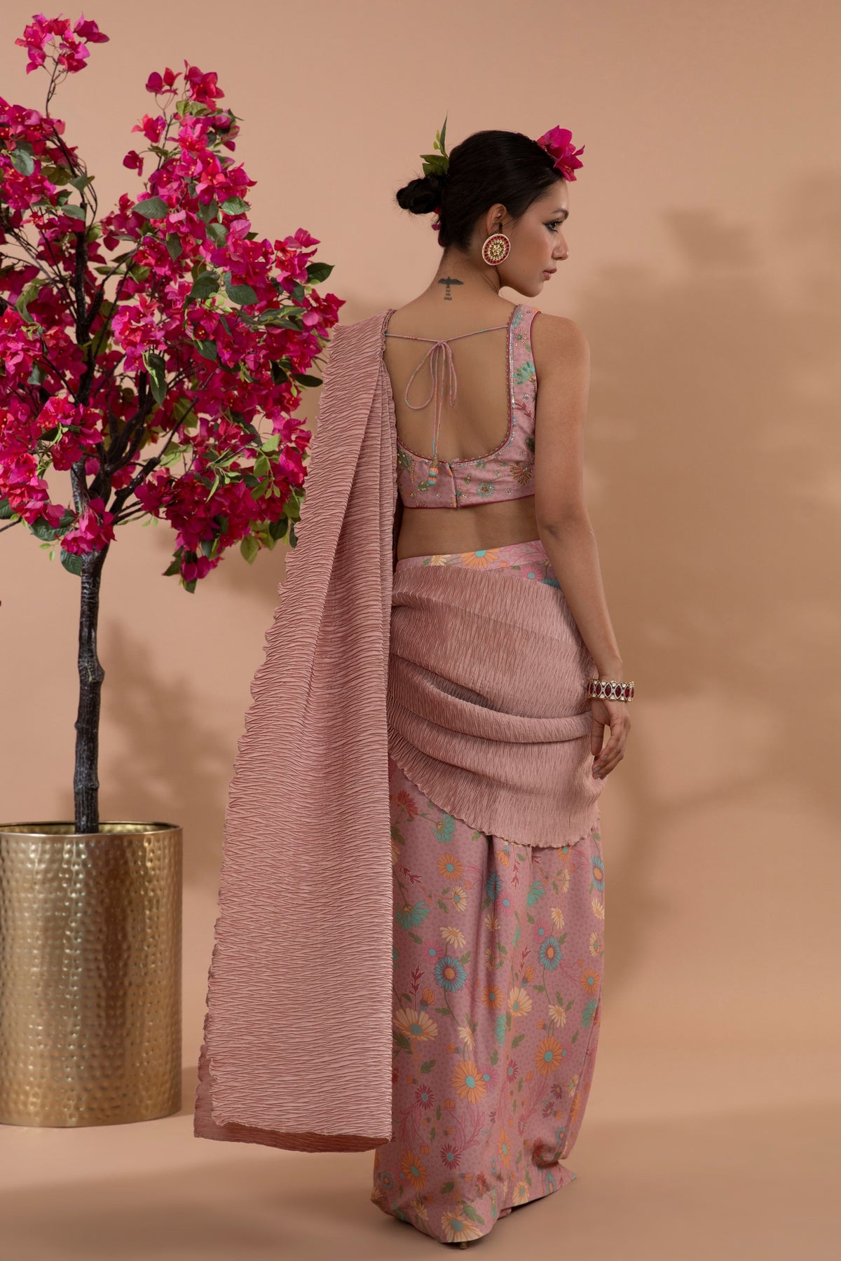 Dusty Rose Pre-draped Saree Set