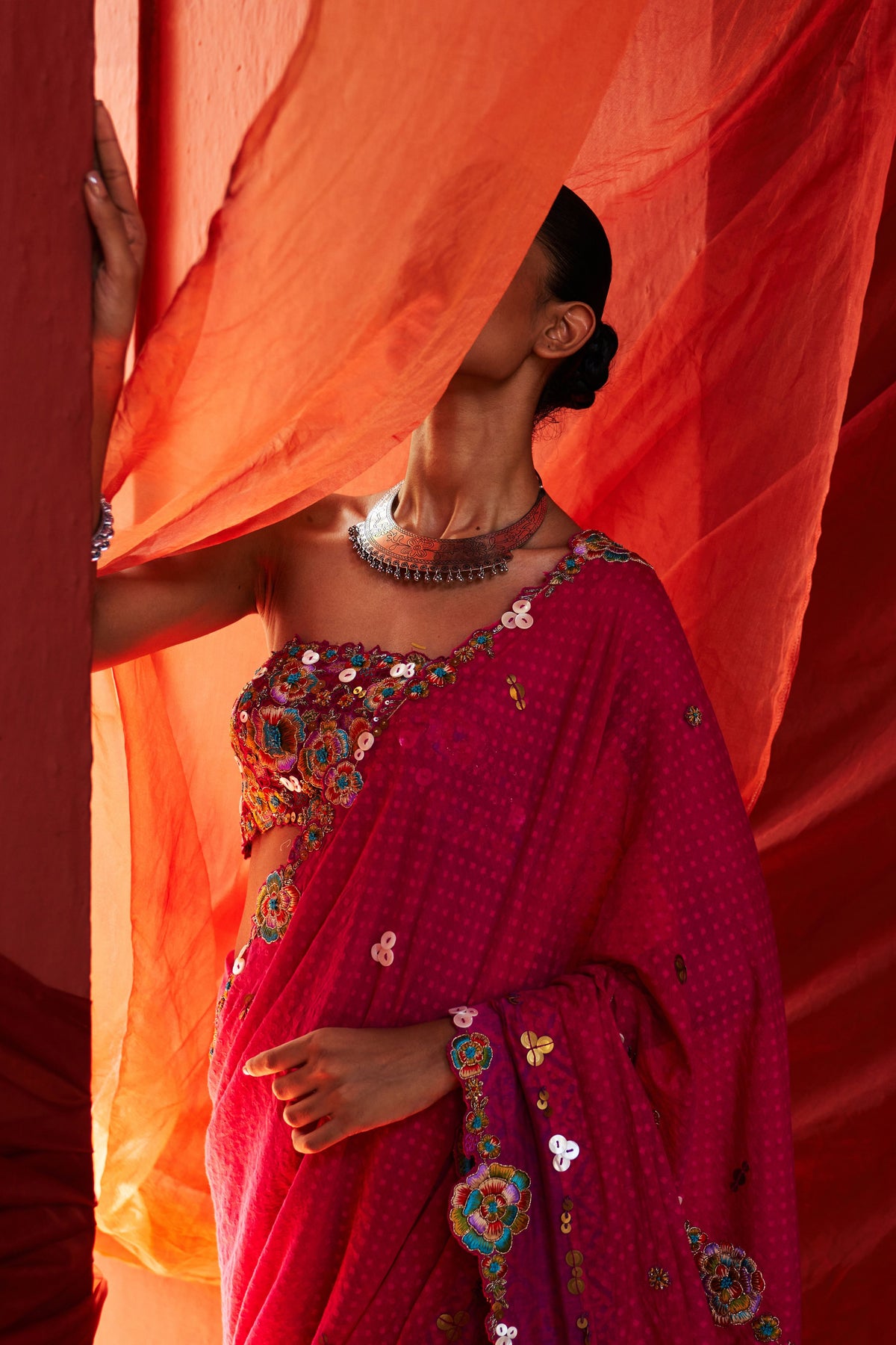 Pink Embroidered Sari Set