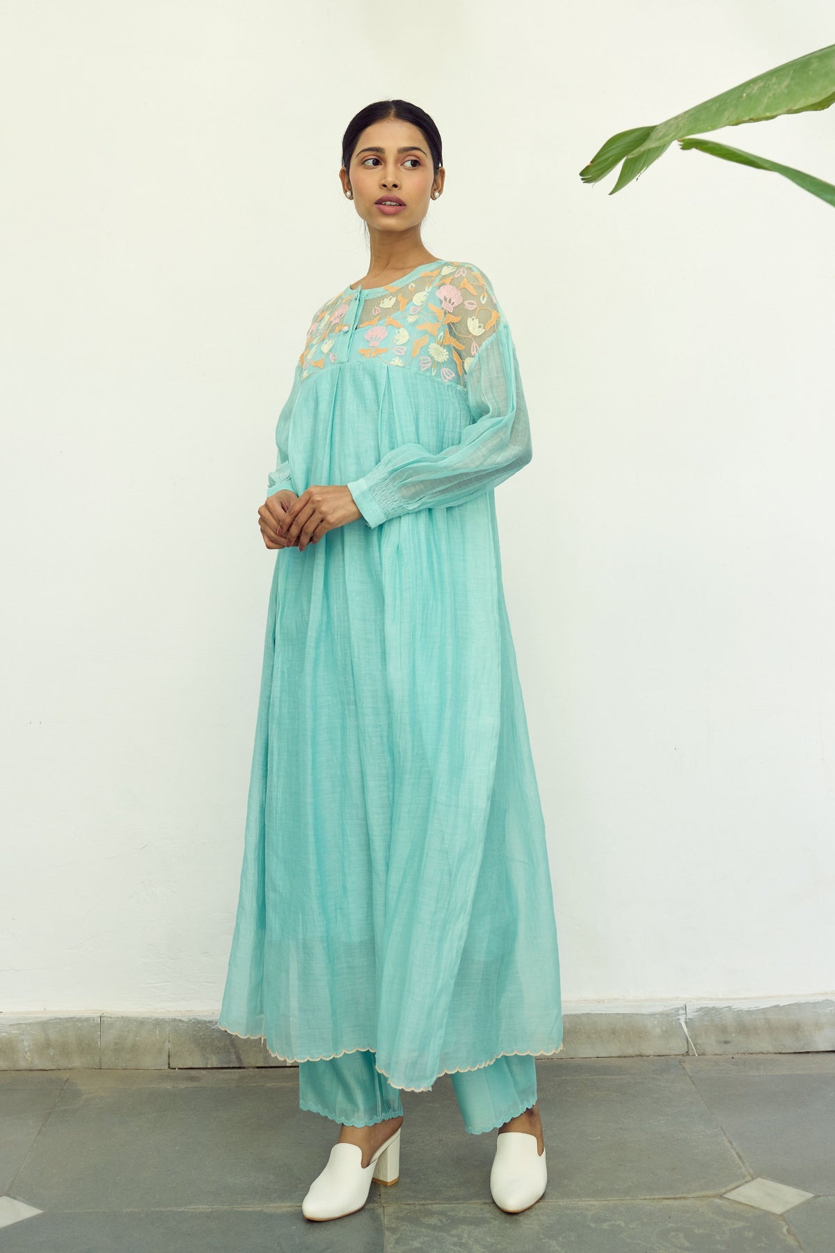 Turquoise Silk Organza Yoke Dress