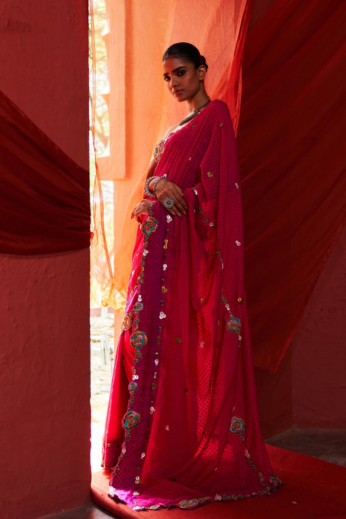 Pink Embroidered Sari Set