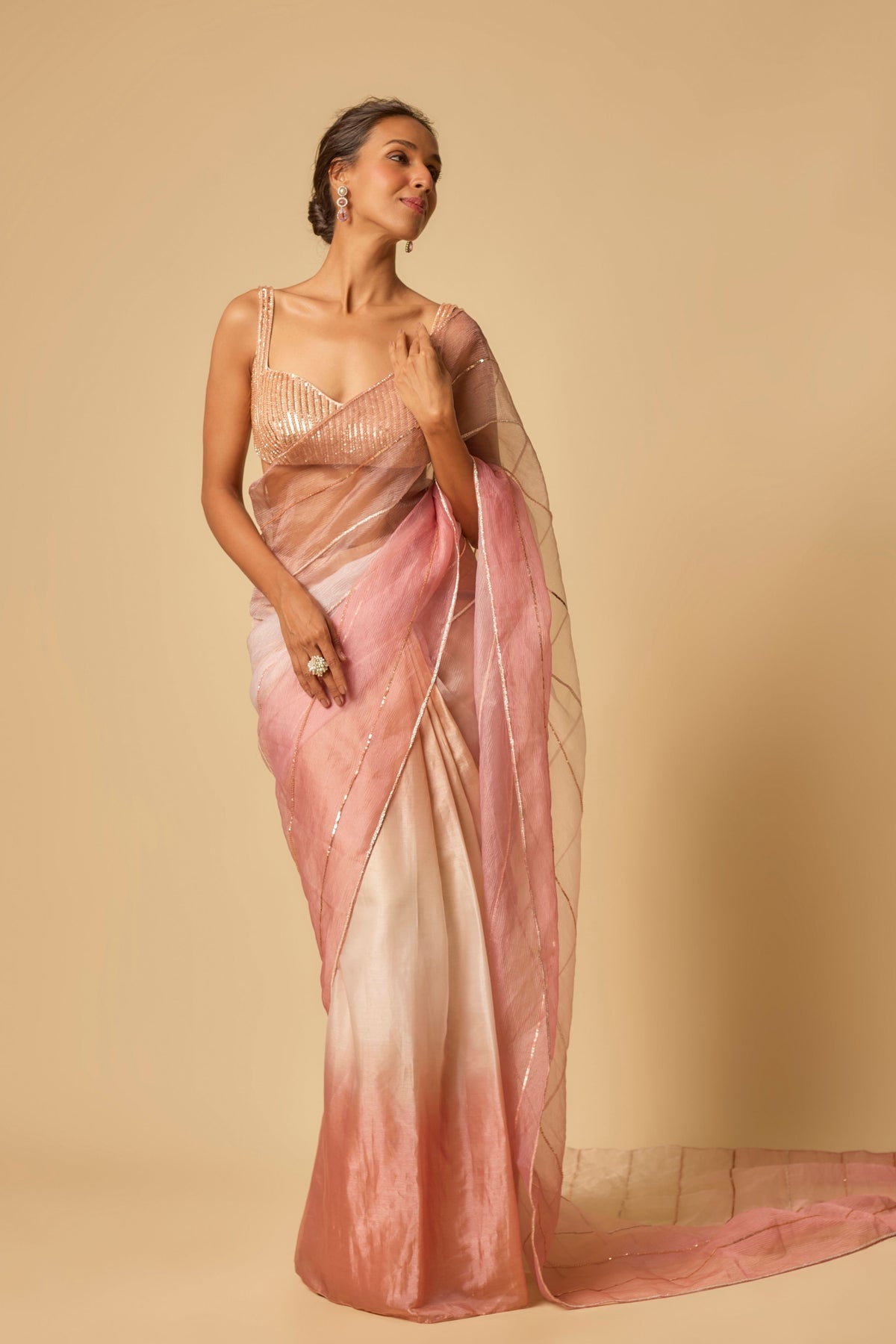 Pink Ombre Embroidered Saree Set