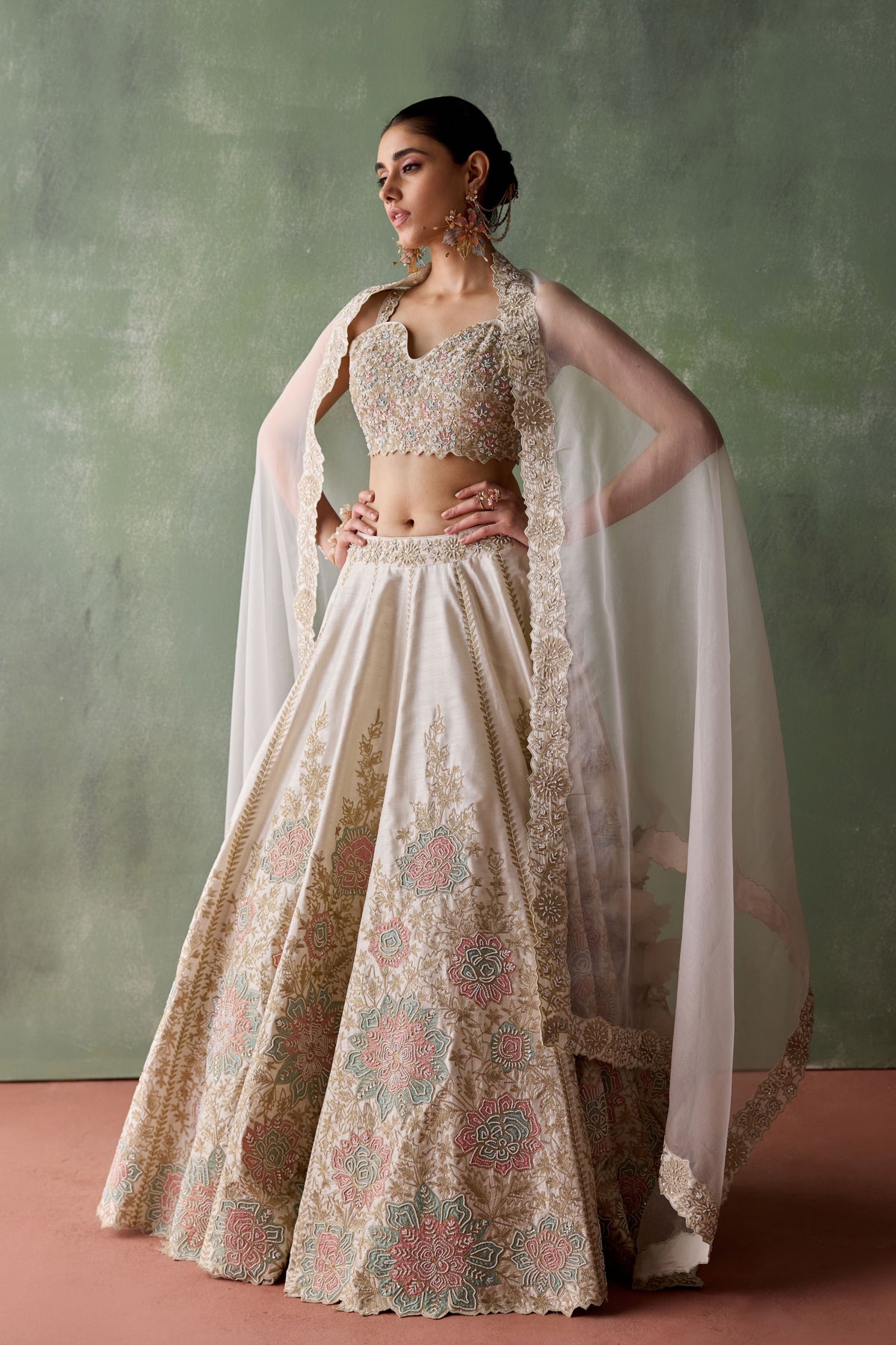 White Silk Pearl Lehenga Set