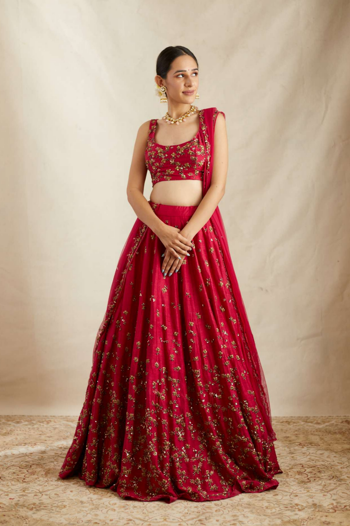 Carmine Pink Raw Silk Lehenga Set