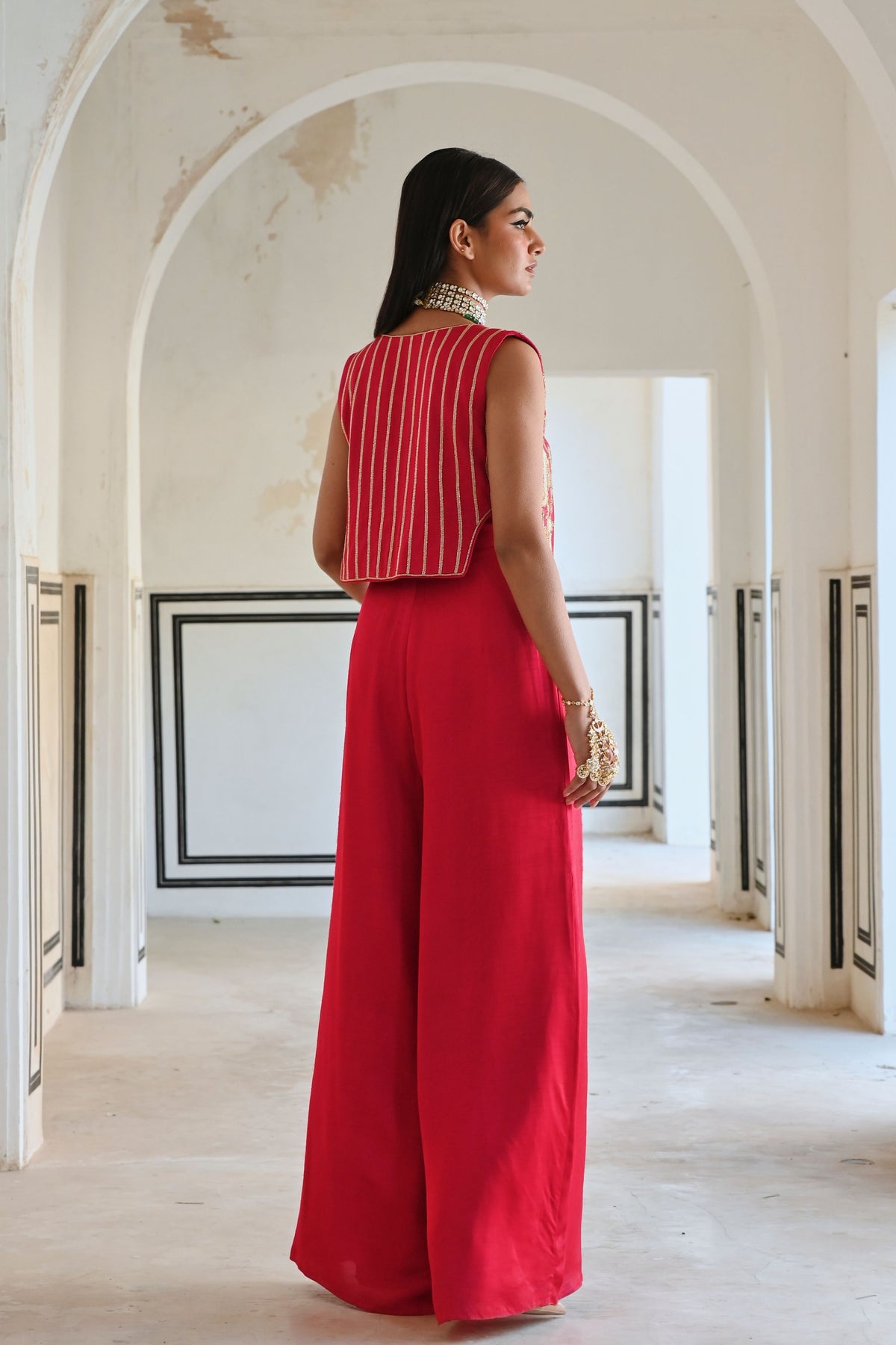 Red Embroidered Jumpsuit With Jacket