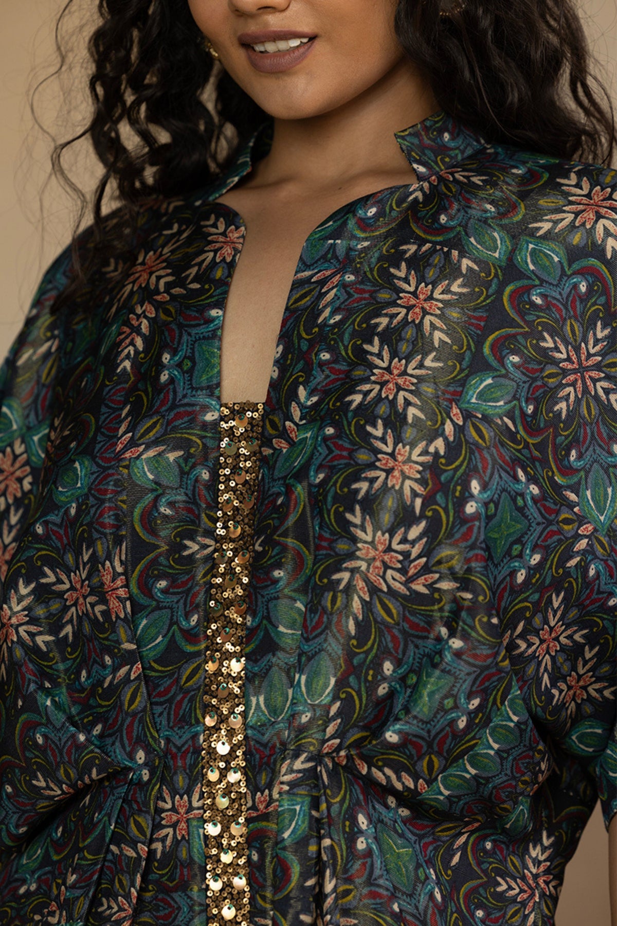 Printed Kaftan Dress with Mirror Work