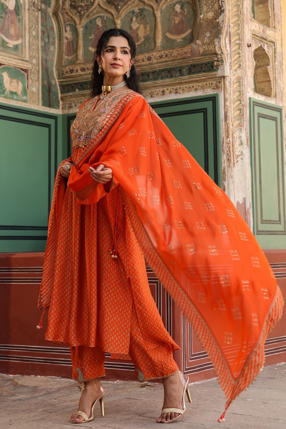 Printed Frockstyle Orange Kurta Set