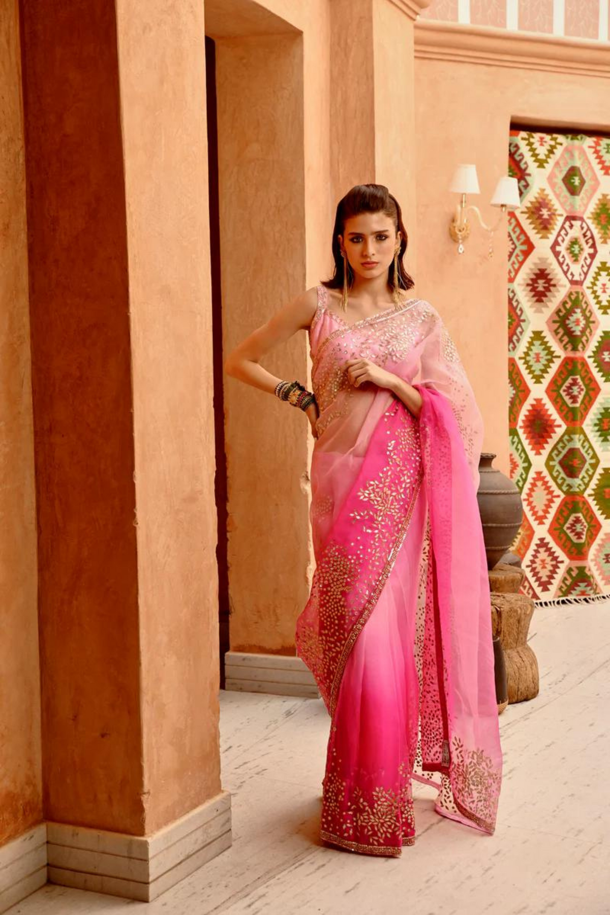 Rose Pink Ombre Saree Set