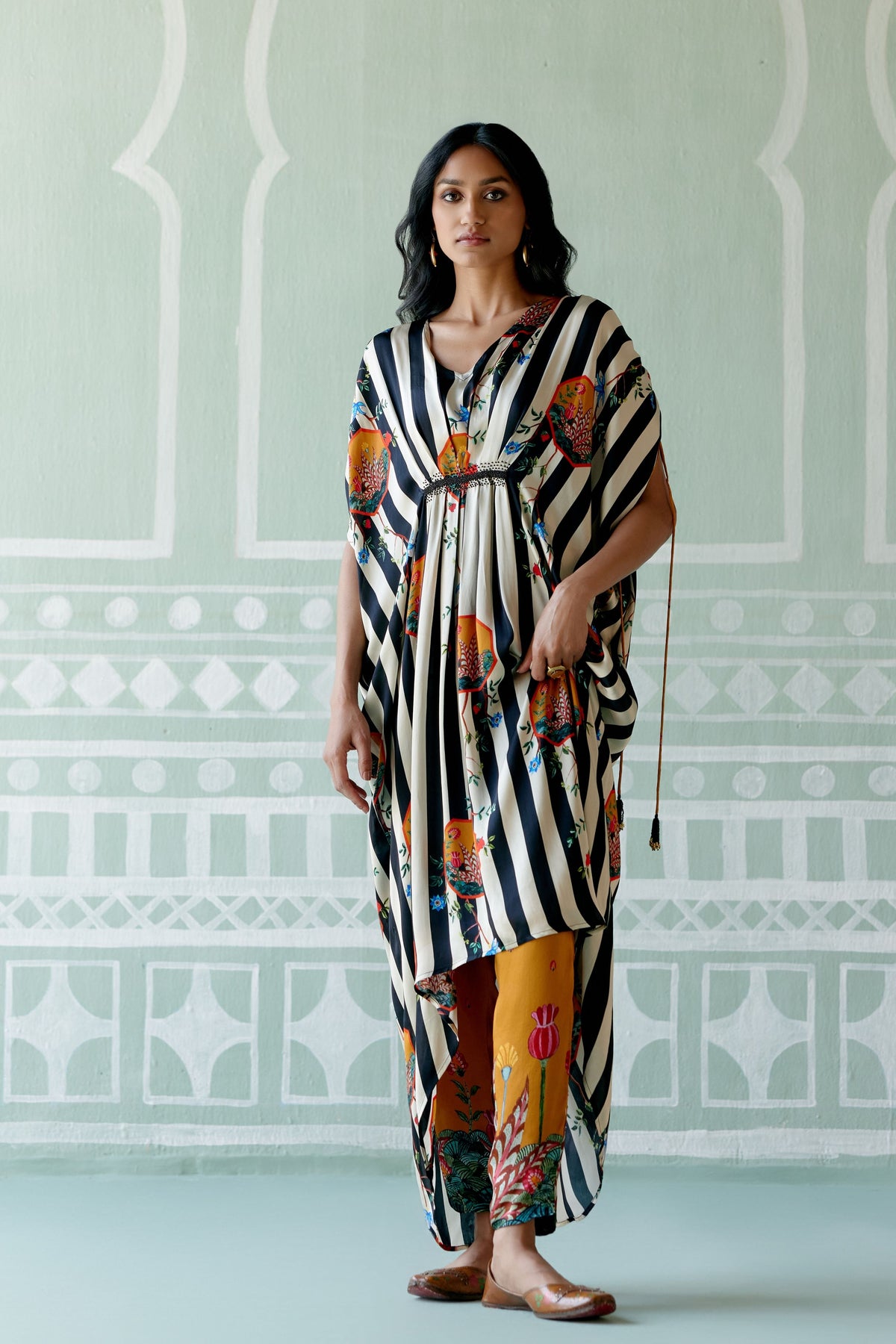 Black &amp; White Striped Kaftan Set