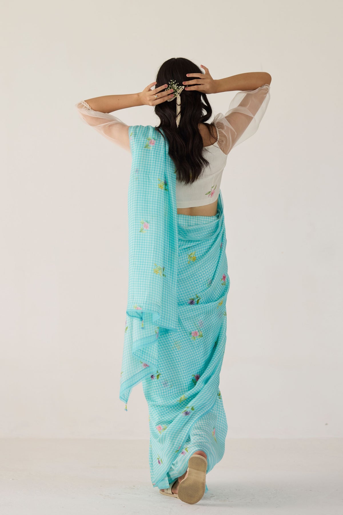 Blue Serene Meadow Mulberry Organza Silk Sari