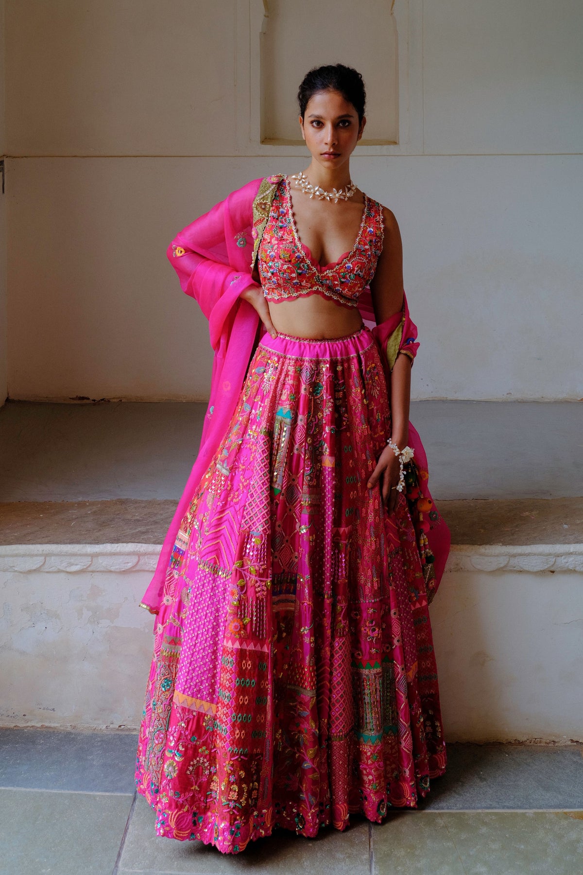 Fuchsia Embellished Silk Lehenga Set