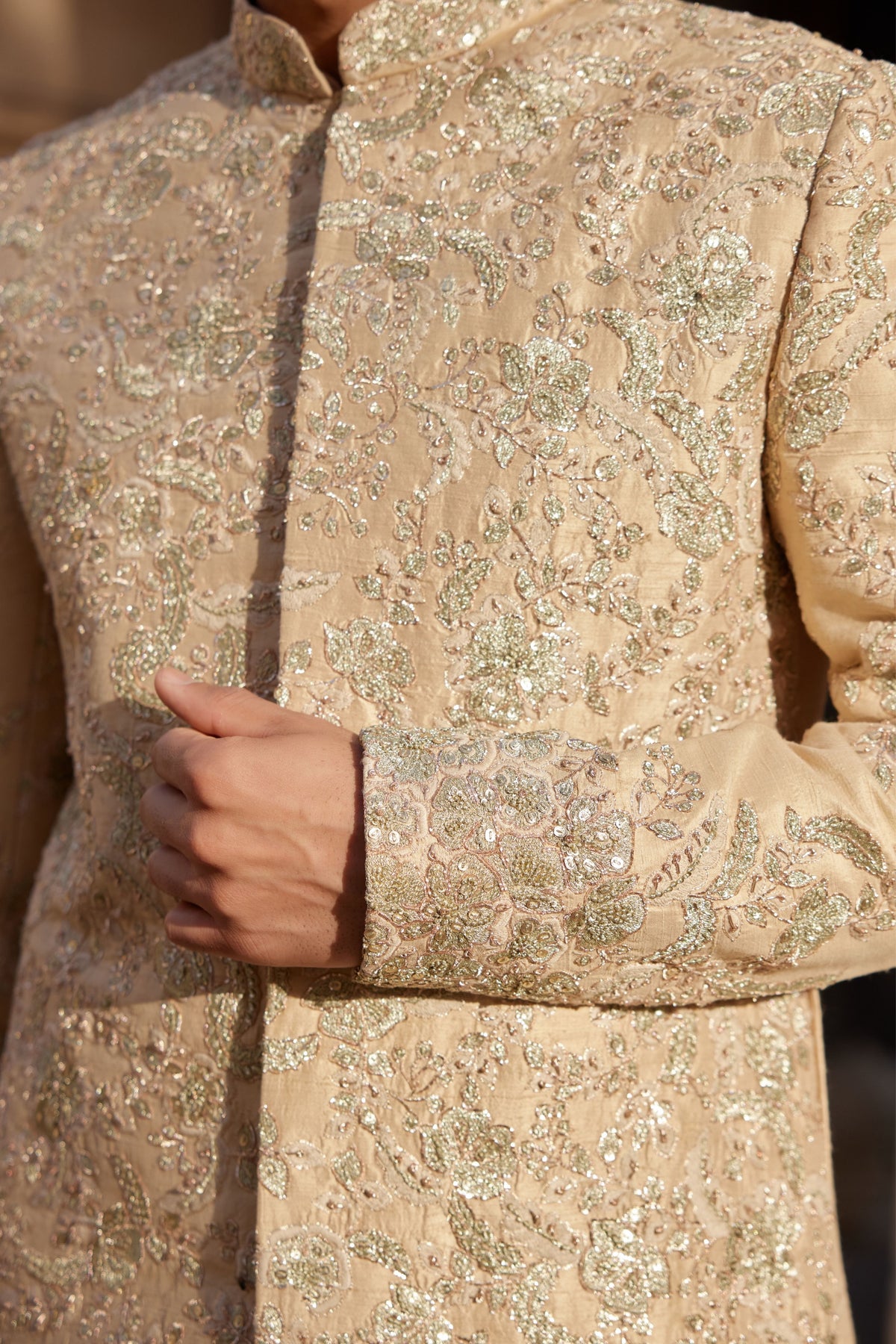 Beige Champagne Embroidered Sherwani Set