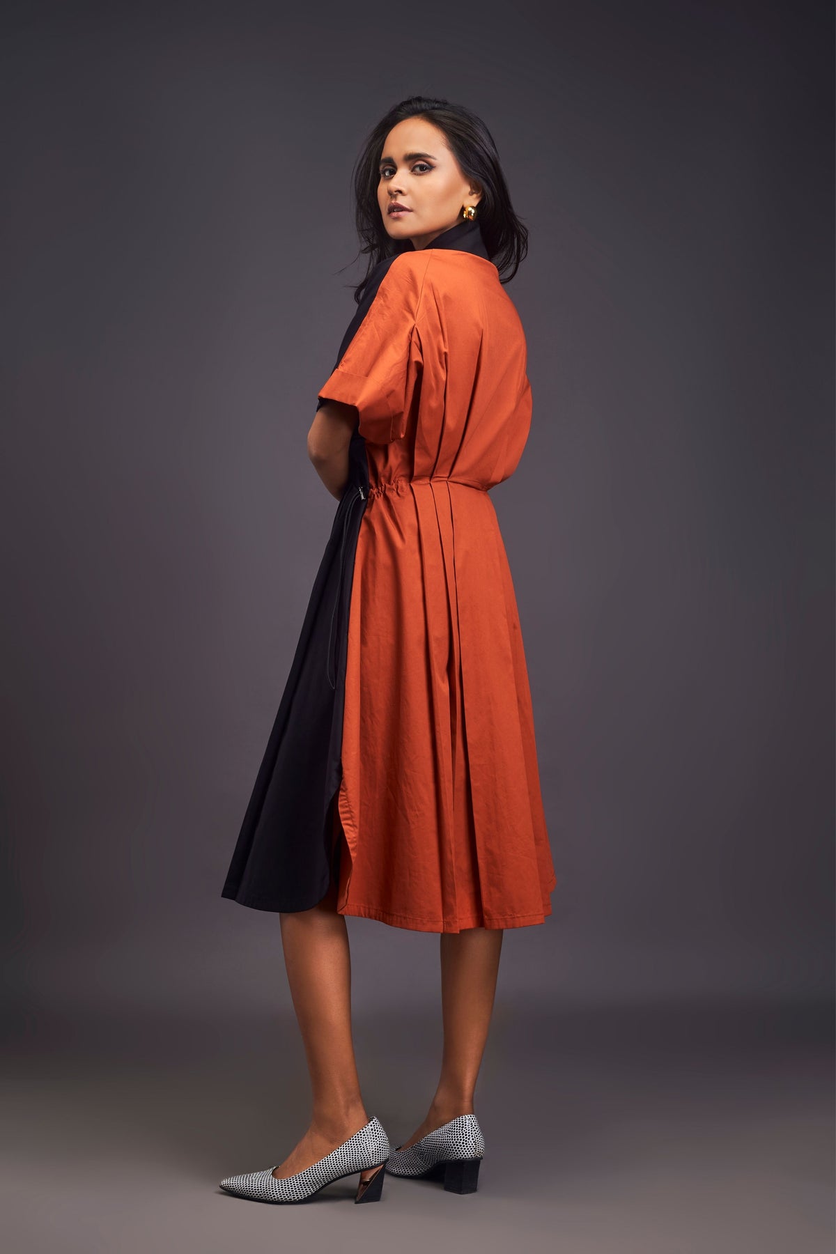 Black and Rust Pleated Shirt Dress