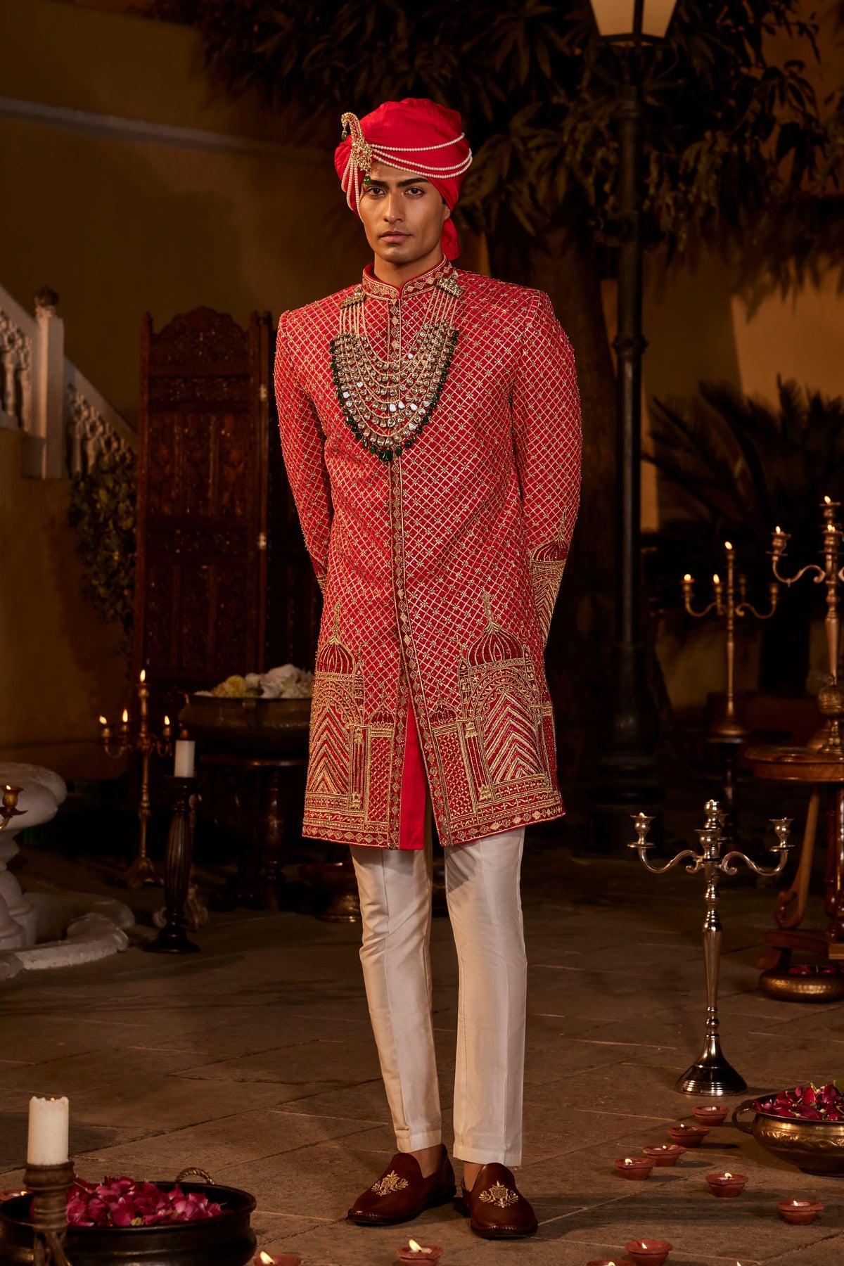 Red Maheer Sherwani Set