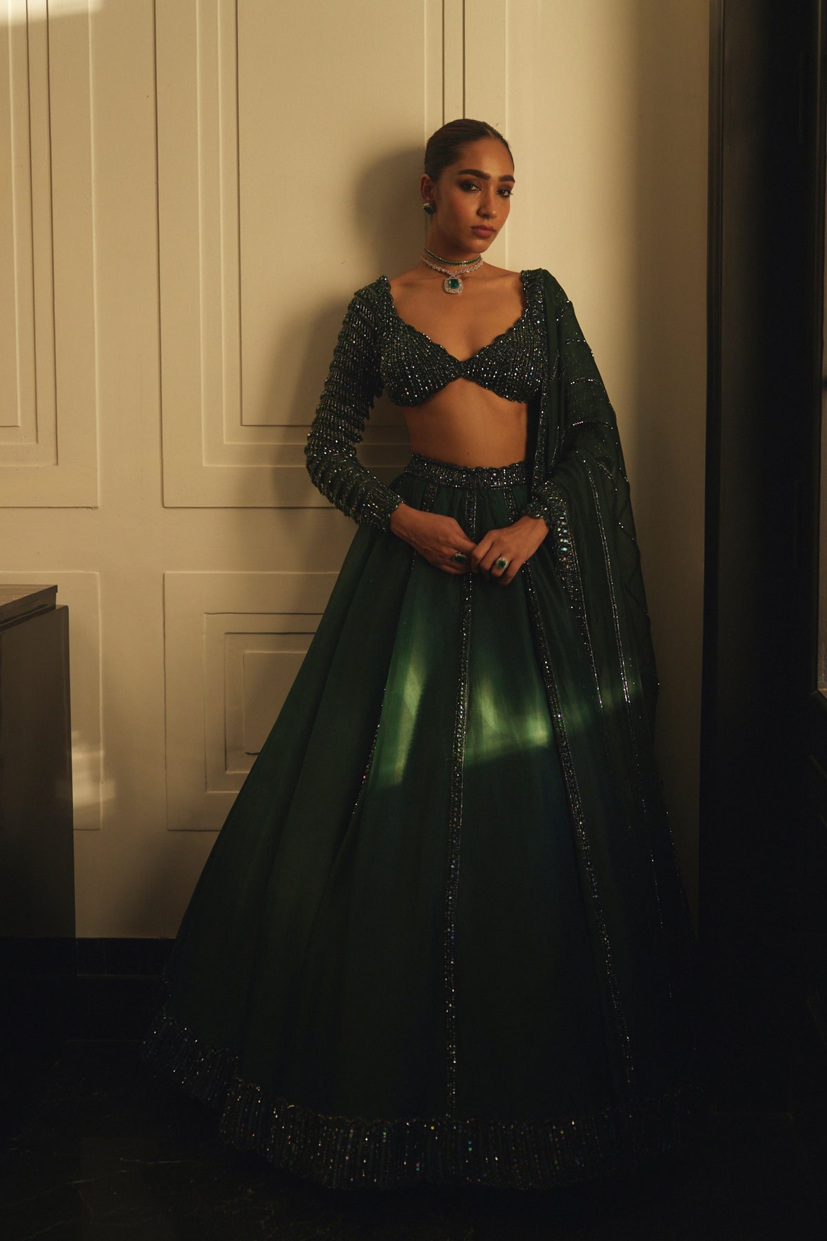 Dark Jade Green Organza Lehenga Set