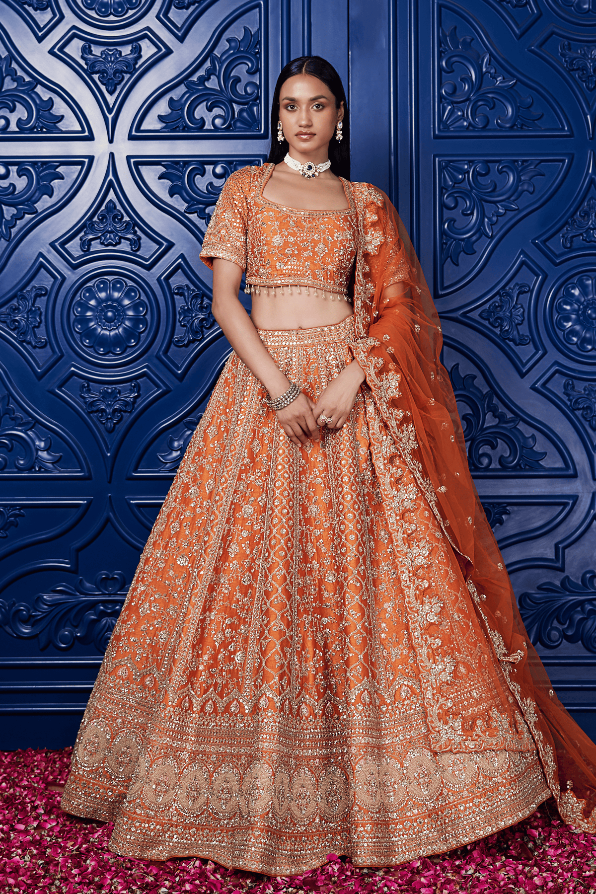 Orange Silk Embroidered Lehenga Set