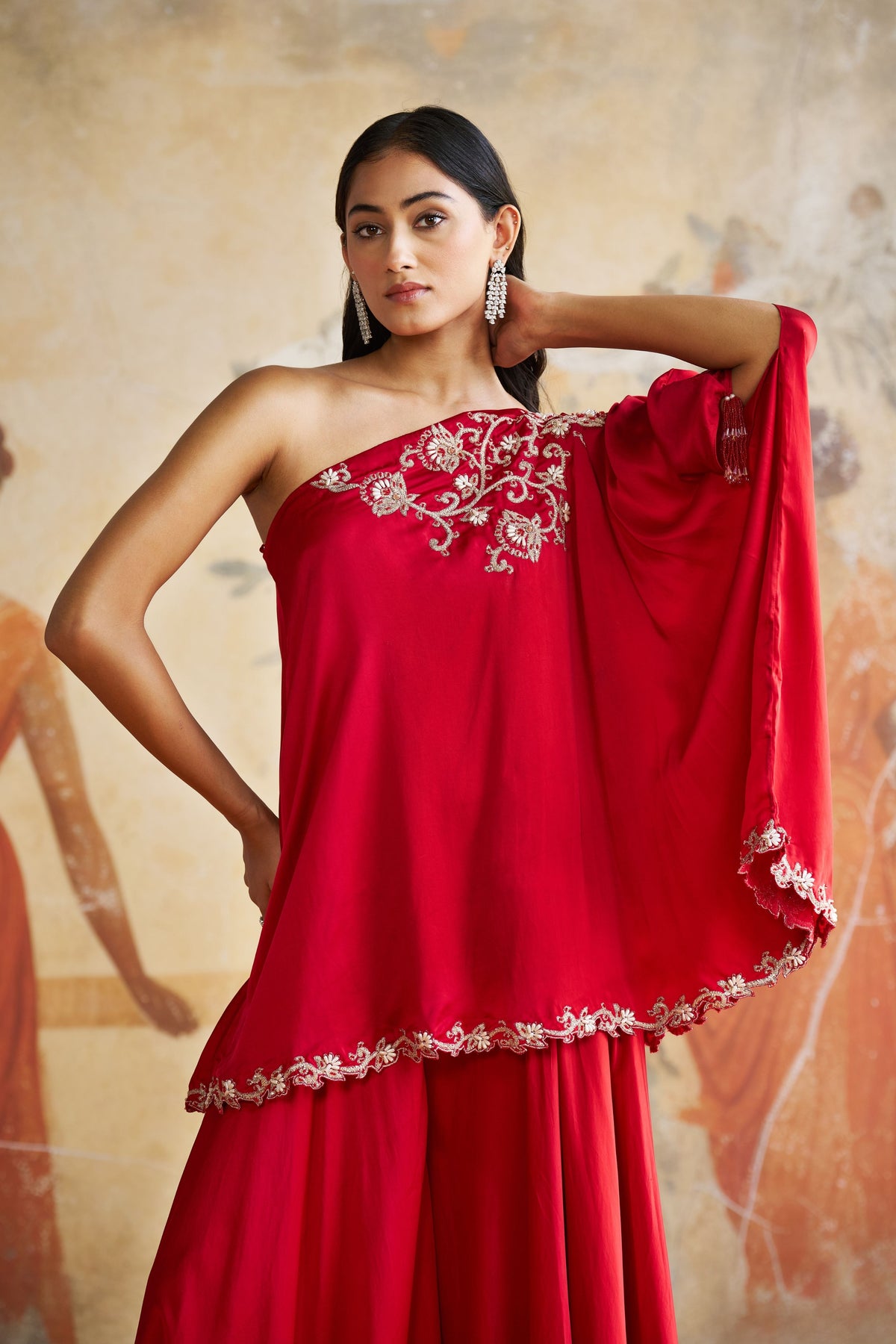 One Shoulder Maroon Sharara Set