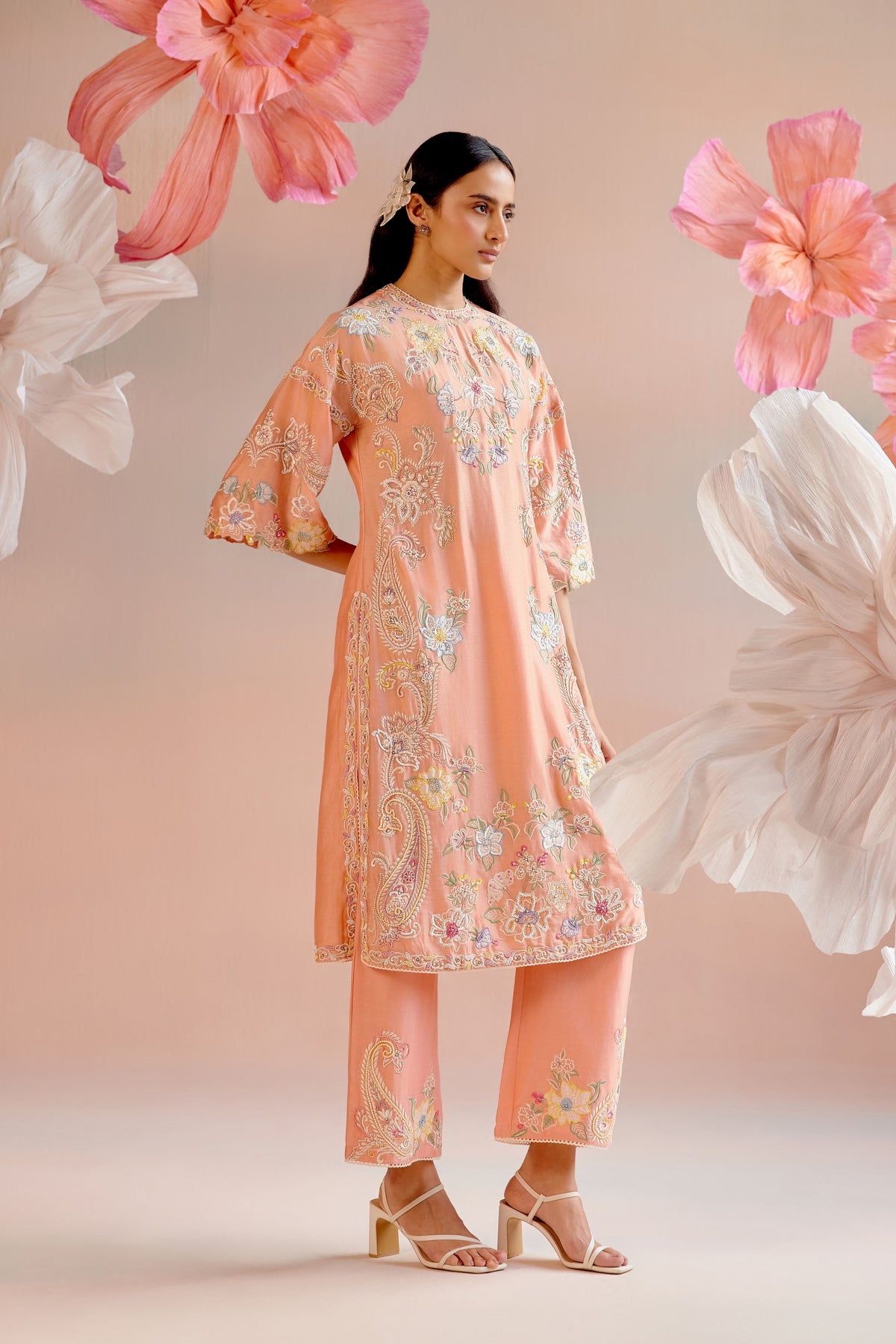 Apricot Contrast Embroidered Kurta Set