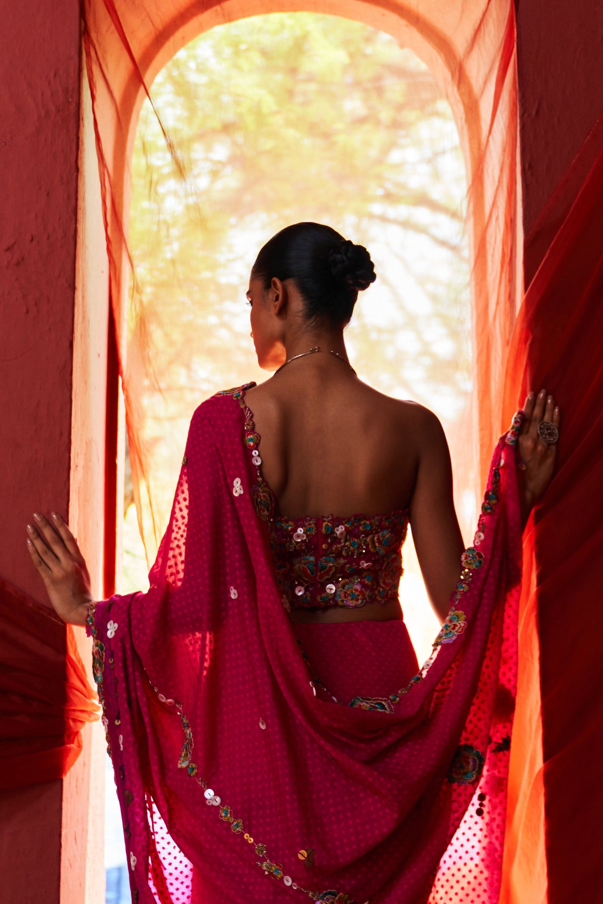 Pink Embroidered Sari Set