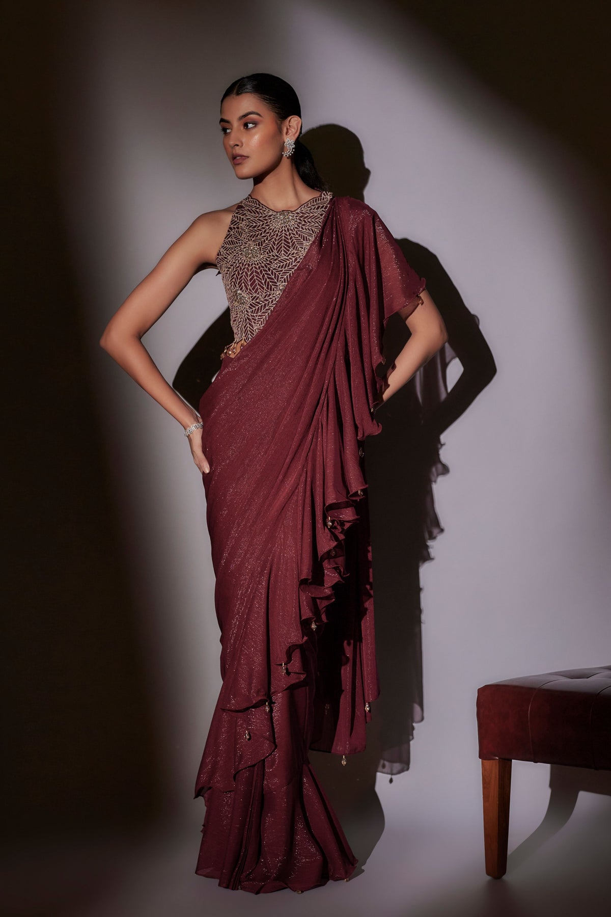 Wine Pre-Draped Frill Saree Set