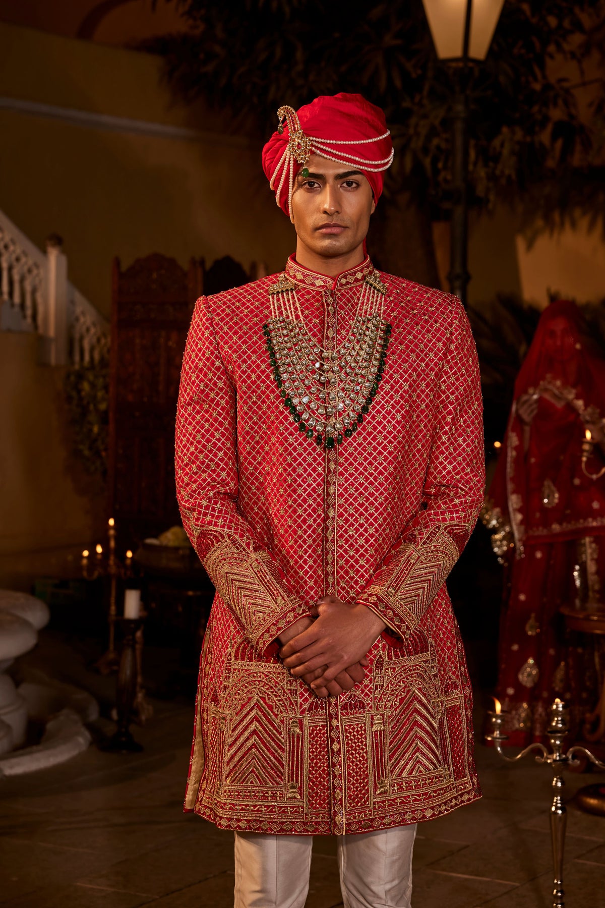 Red Maheer Sherwani Set