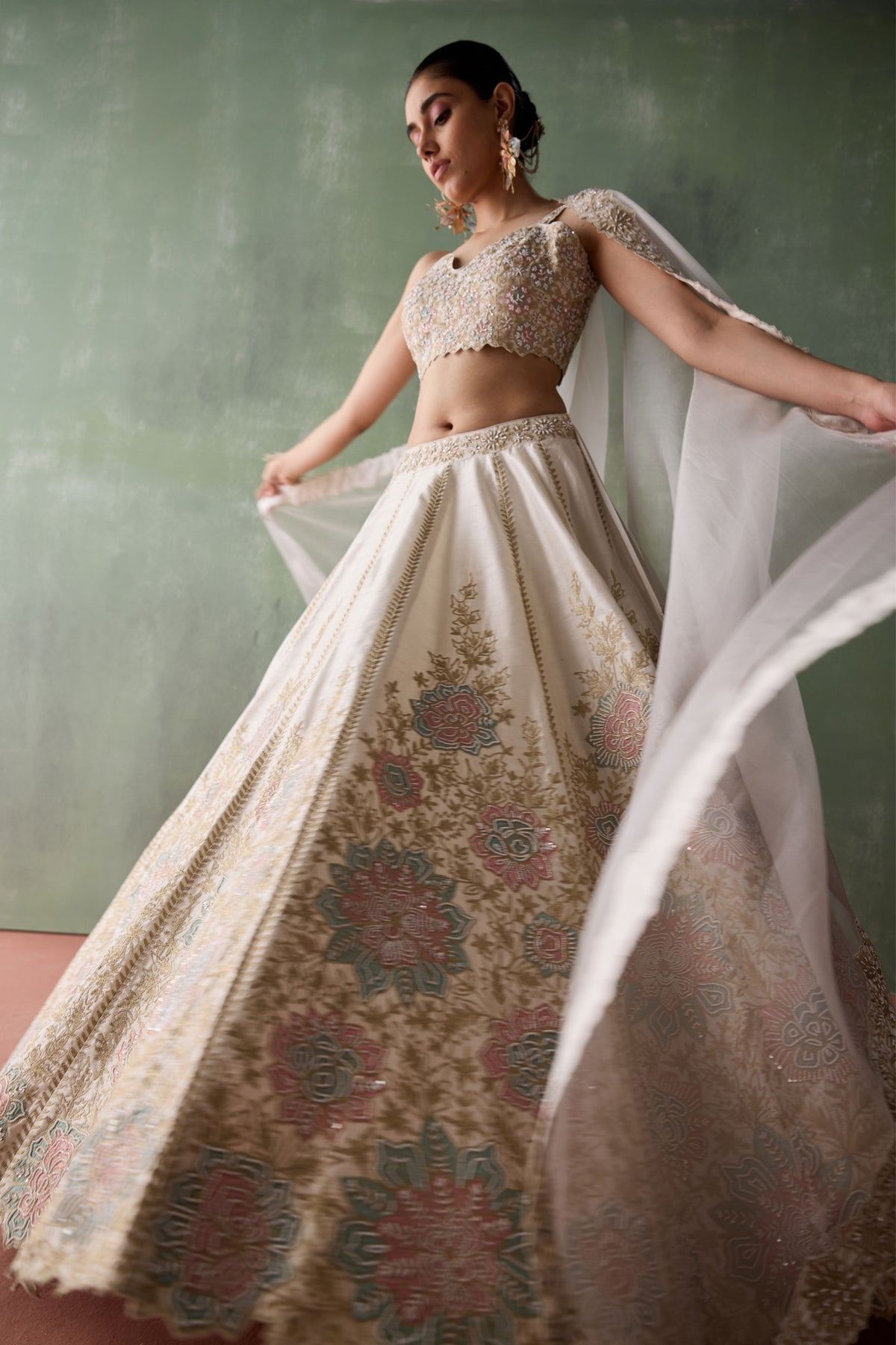 White Silk Pearl Lehenga Set