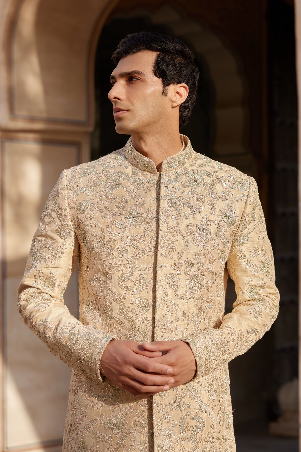 Beige Champagne Embroidered Sherwani Set