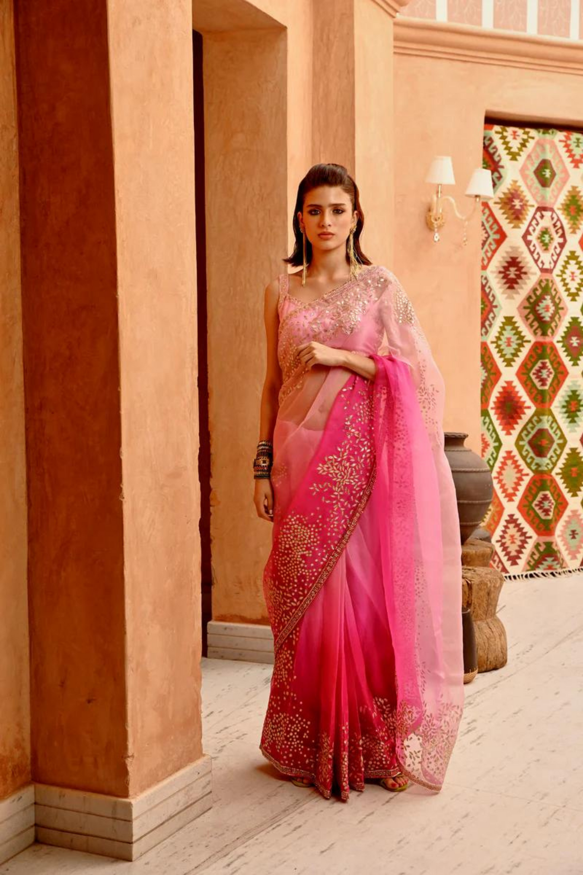 Rose Pink Ombre Saree Set