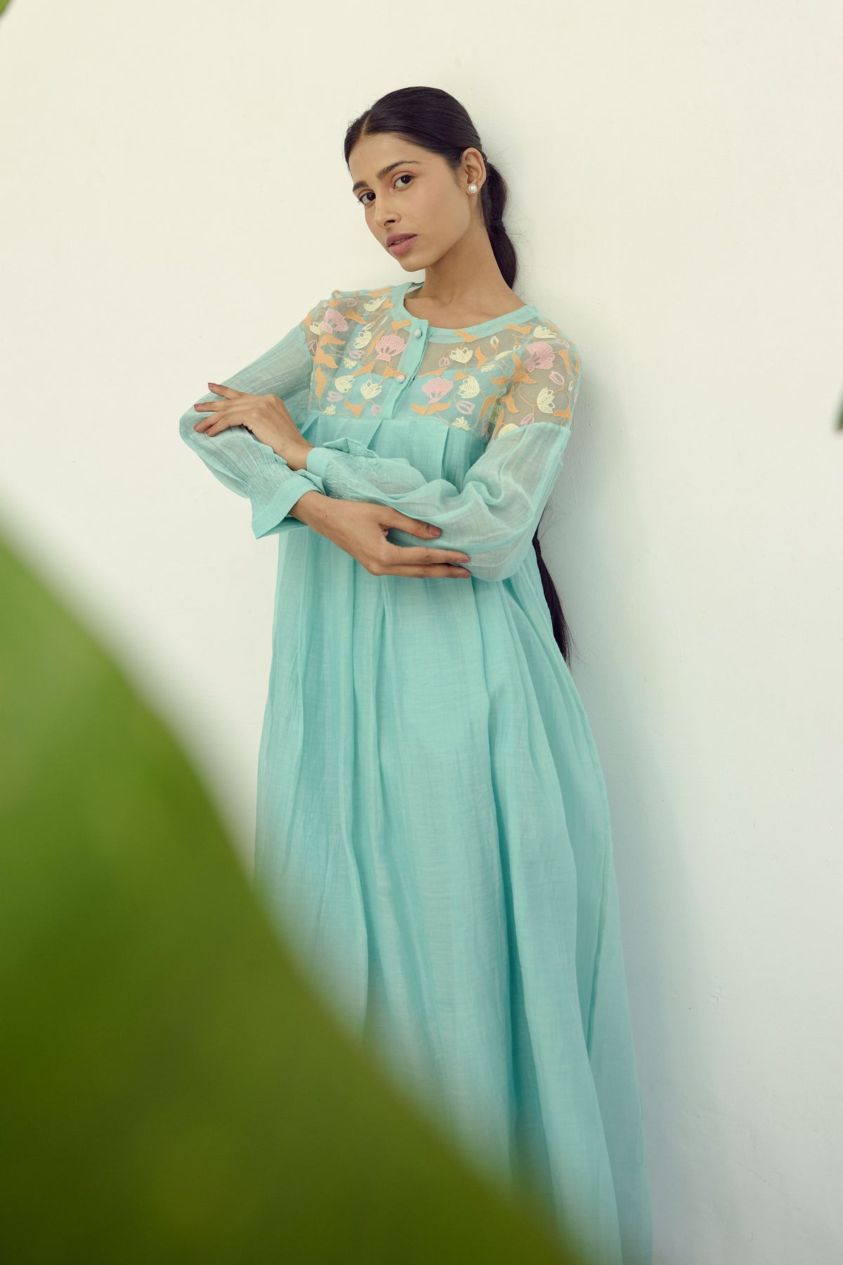 Turquoise Silk Organza Yoke Dress