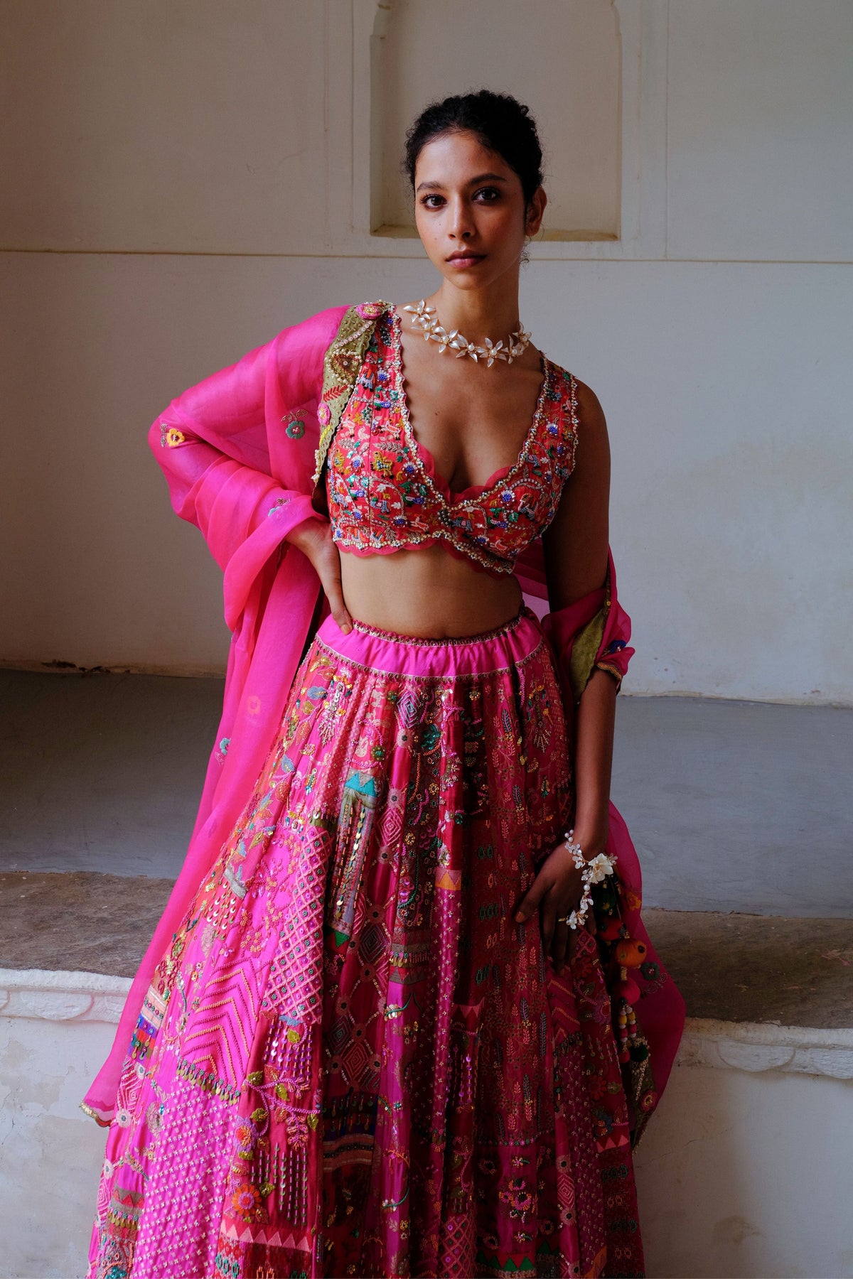 Fuchsia Embellished Silk Lehenga Set