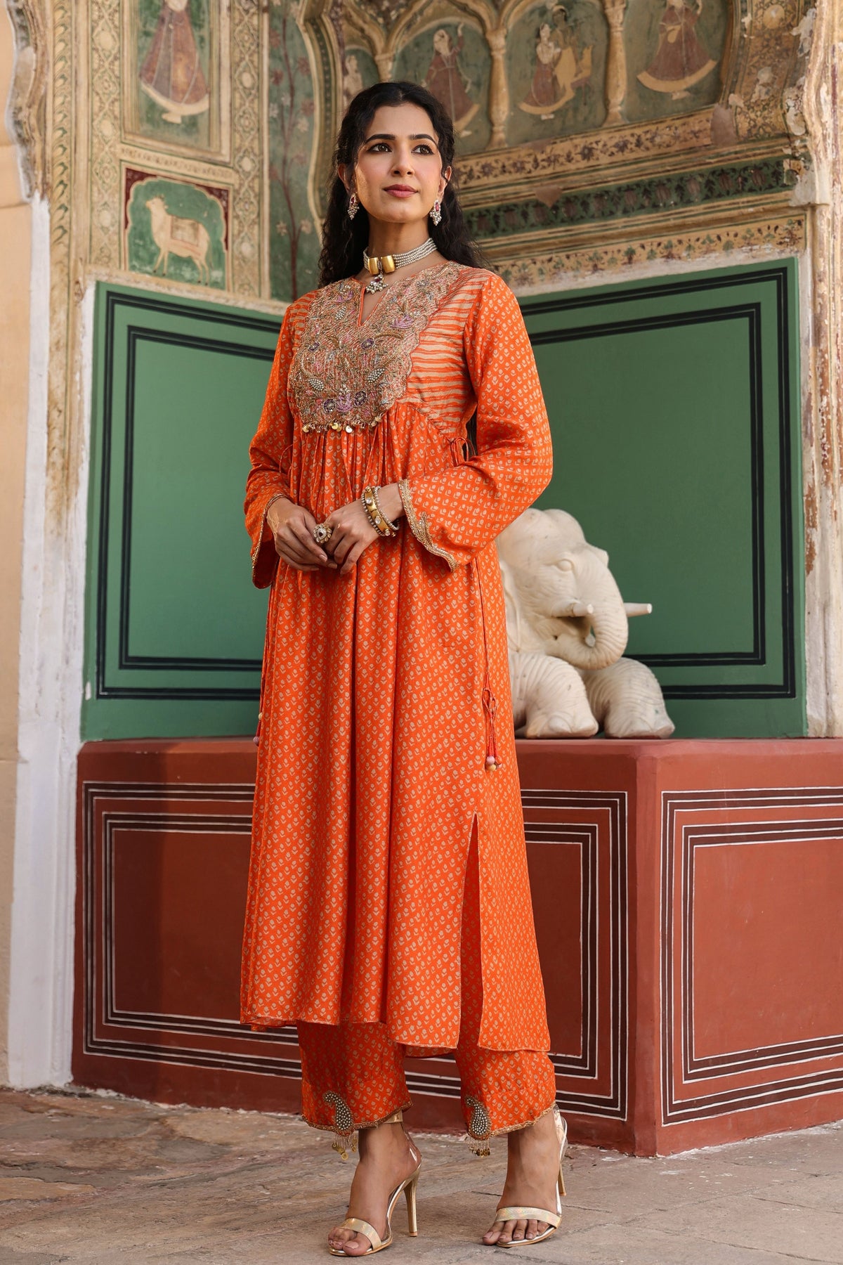 Printed Frockstyle Orange Kurta Set