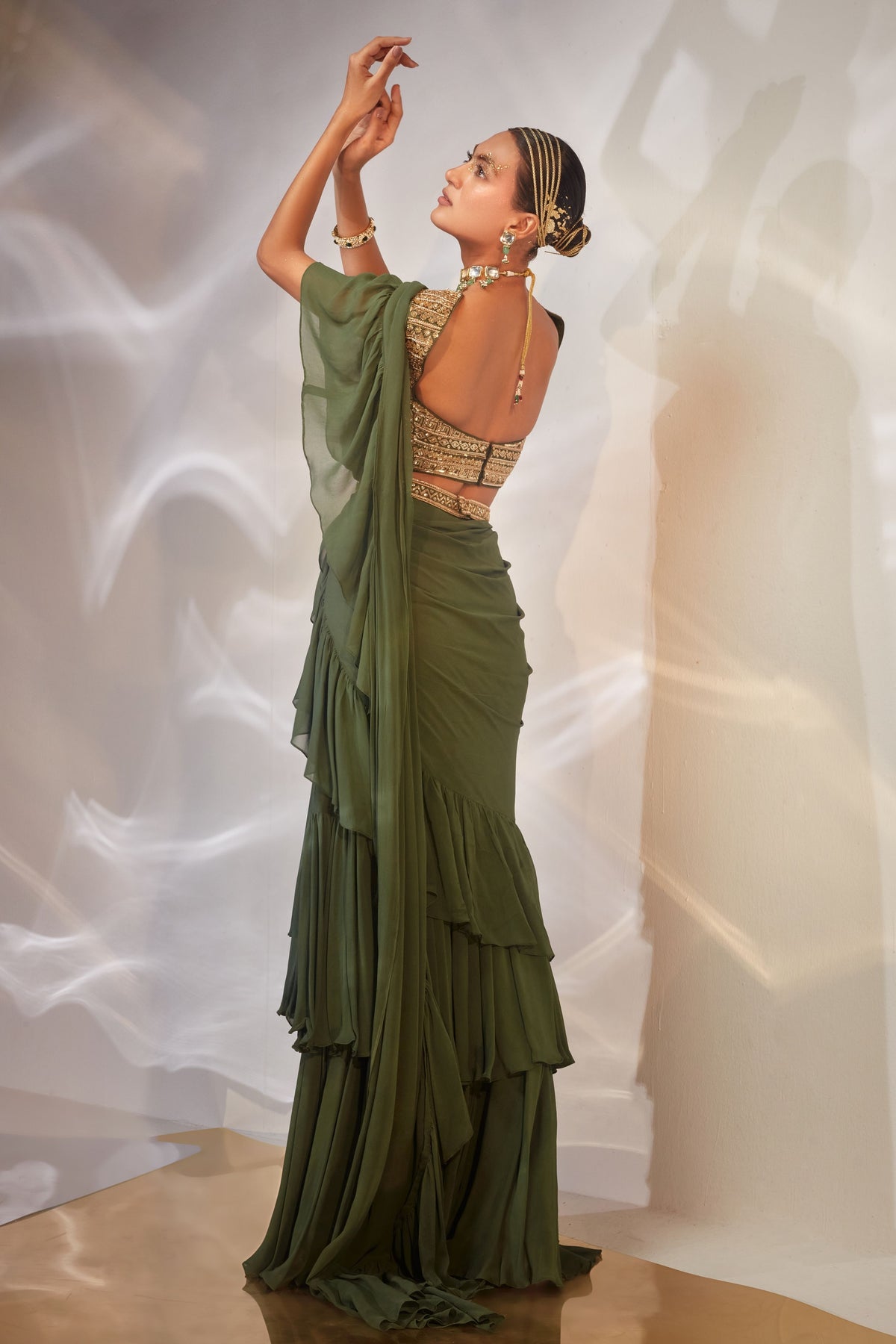 Green Ruffle Drape Saree